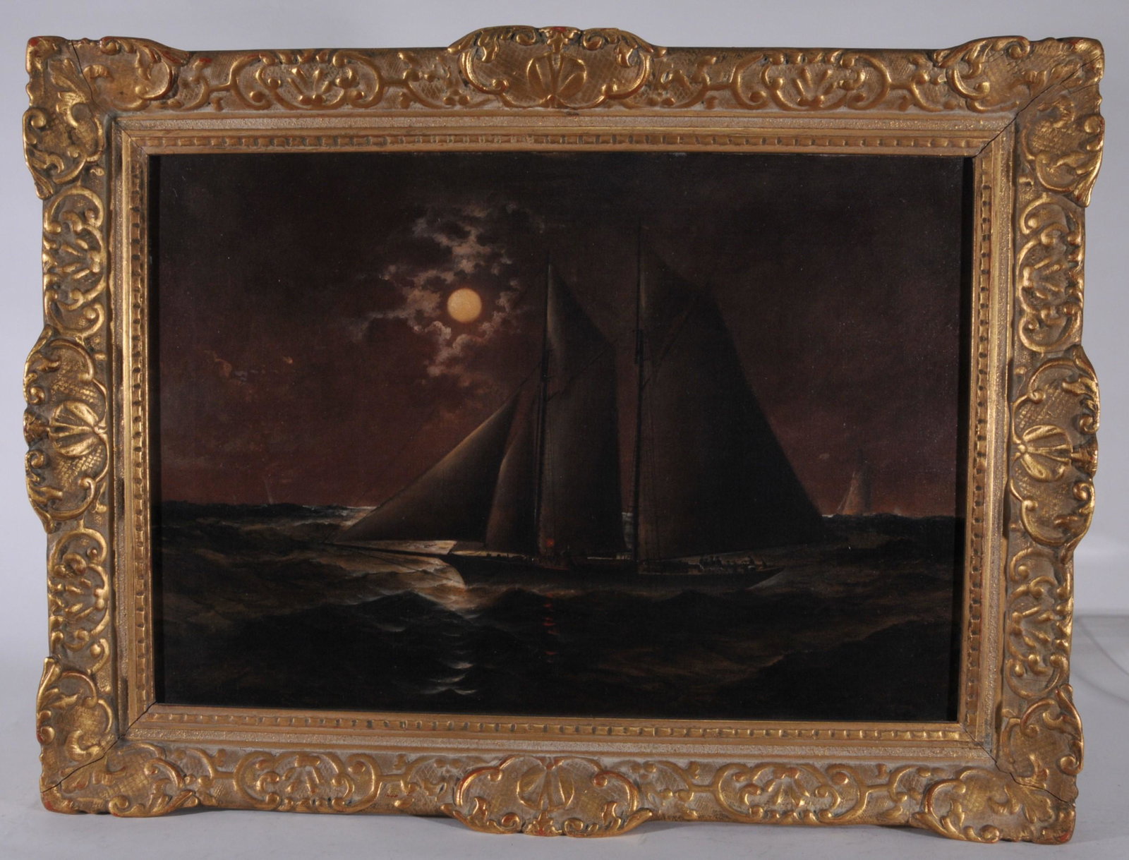 Ellis Henry Robert Brooks, 1890. Maine moonlit seascape: Ellis Henry Robert Brooks, 1890. Maine moonlit seascape painting with sailing yachts. Oil on canvas. Framed. Signed and dated 1890 lower left. Framed. Sight size: 18"x 26". Overall size: 24" x 32".
