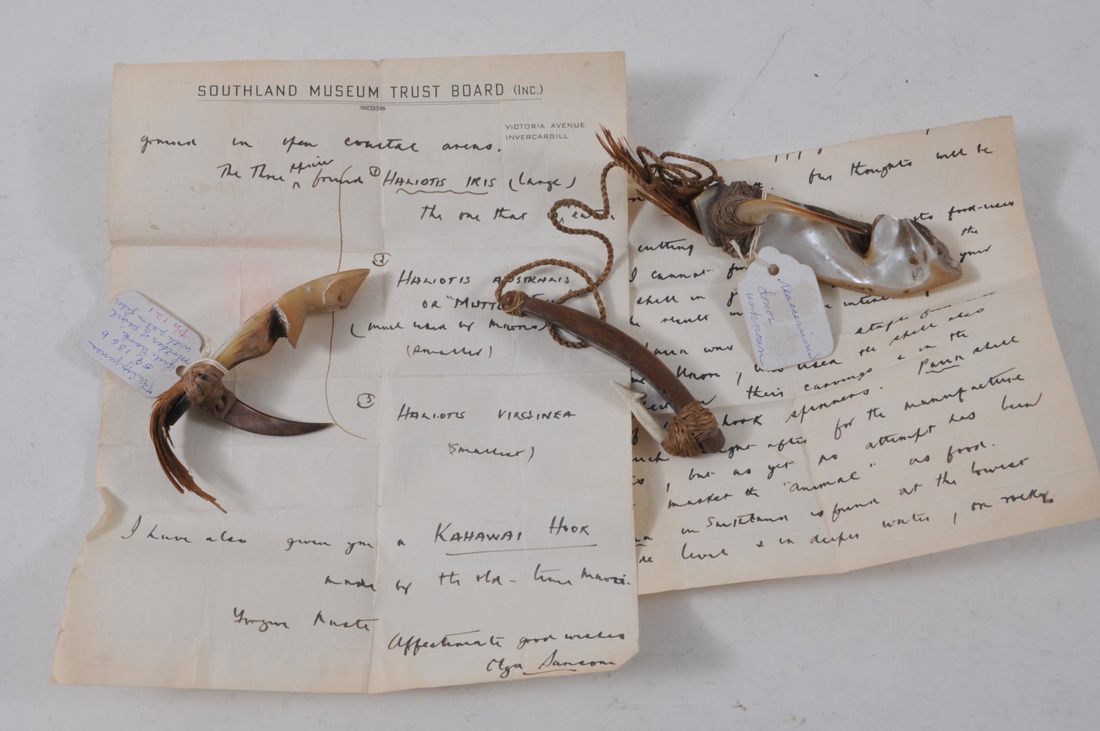 Lot of three rare 19th/20th century Maori and: Lot of three rare 19th/20th century Maori and Phillipines fish hooks. Two made of Mother of Pearl shell and tied with palm fiber. Large one is 6" overall. Small one is 4-1/2" overall. Kawawai Hook mad