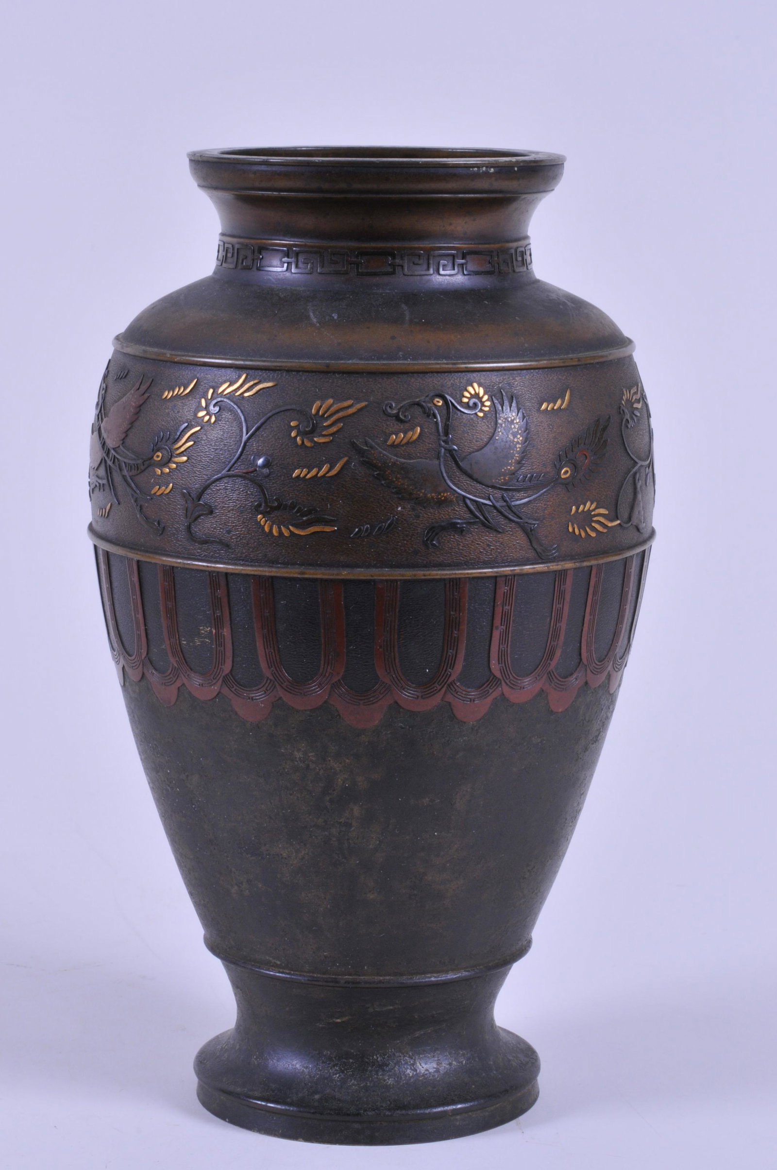 19th century Japanese Meiji period mixed metals mounted: 19th century Japanese Meiji period mixed metals mounted bronze vase with dragon and phoenix decoration. Signed on base. 11-3/4" high.