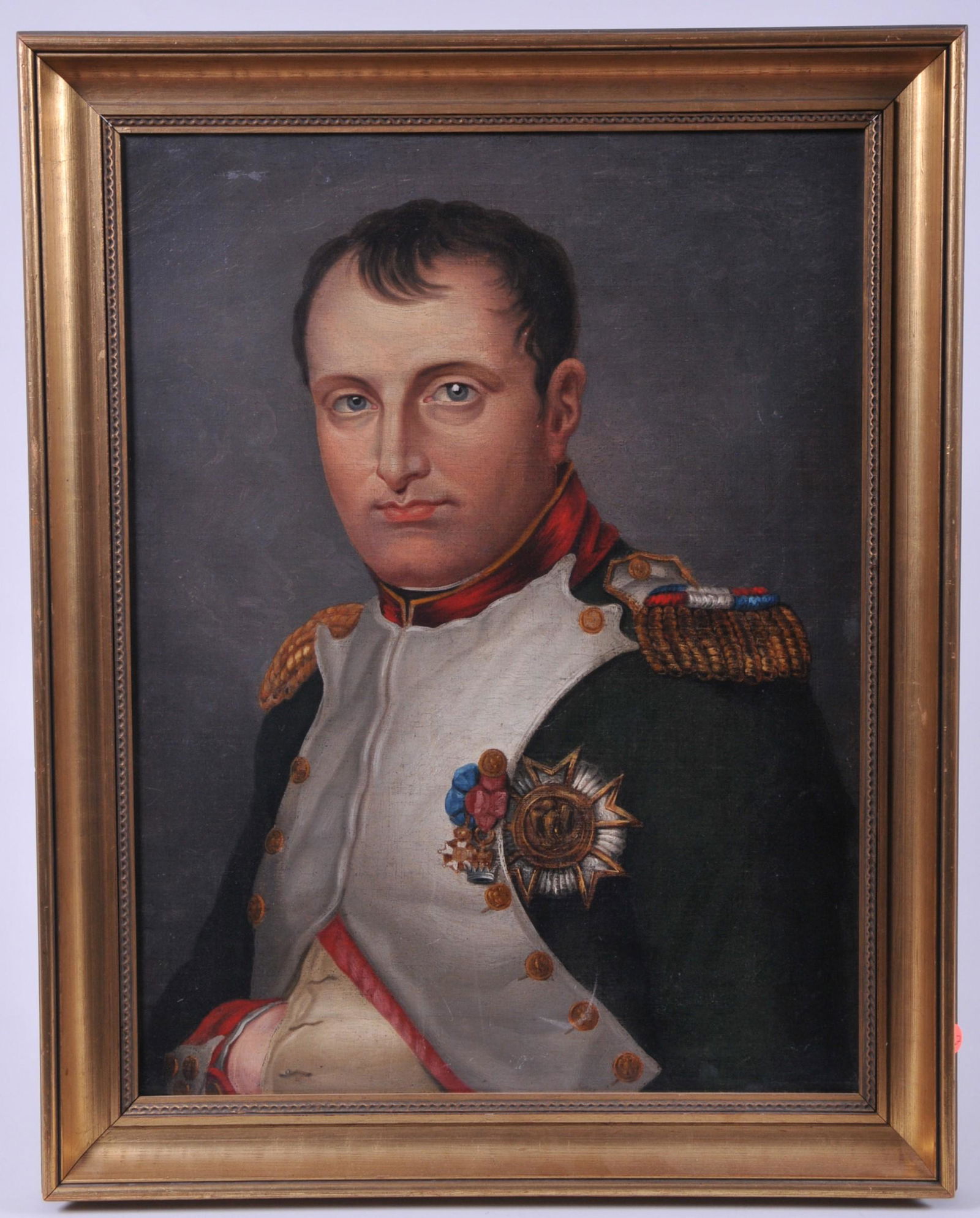 Mid 19th C. French School Portrait of Napoleon in: Mid 19th C. French School Portrait of Napoleon in full dress uniform with medals. Hand tucked into jacket. Oil on canvas. Framed. Old reline. Craquelure. Thinning and slight surface abrasions. Sight s