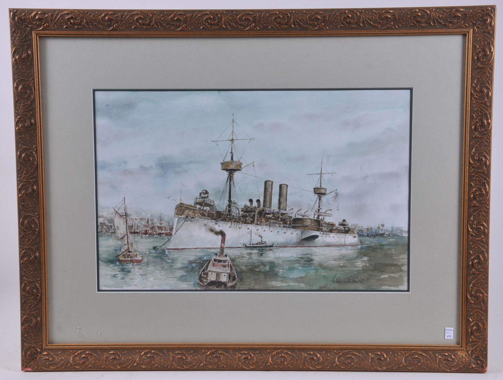 Original Water Color Painting of the USS Maine before: Original Water Color Painting of the USS Maine before she was sunk in Havana Harbor in 1898 while anchored in New York Harbor by listed artist John Fernie 1919 - 2001. Sight 20-1/4" x 13-1/4" overall
