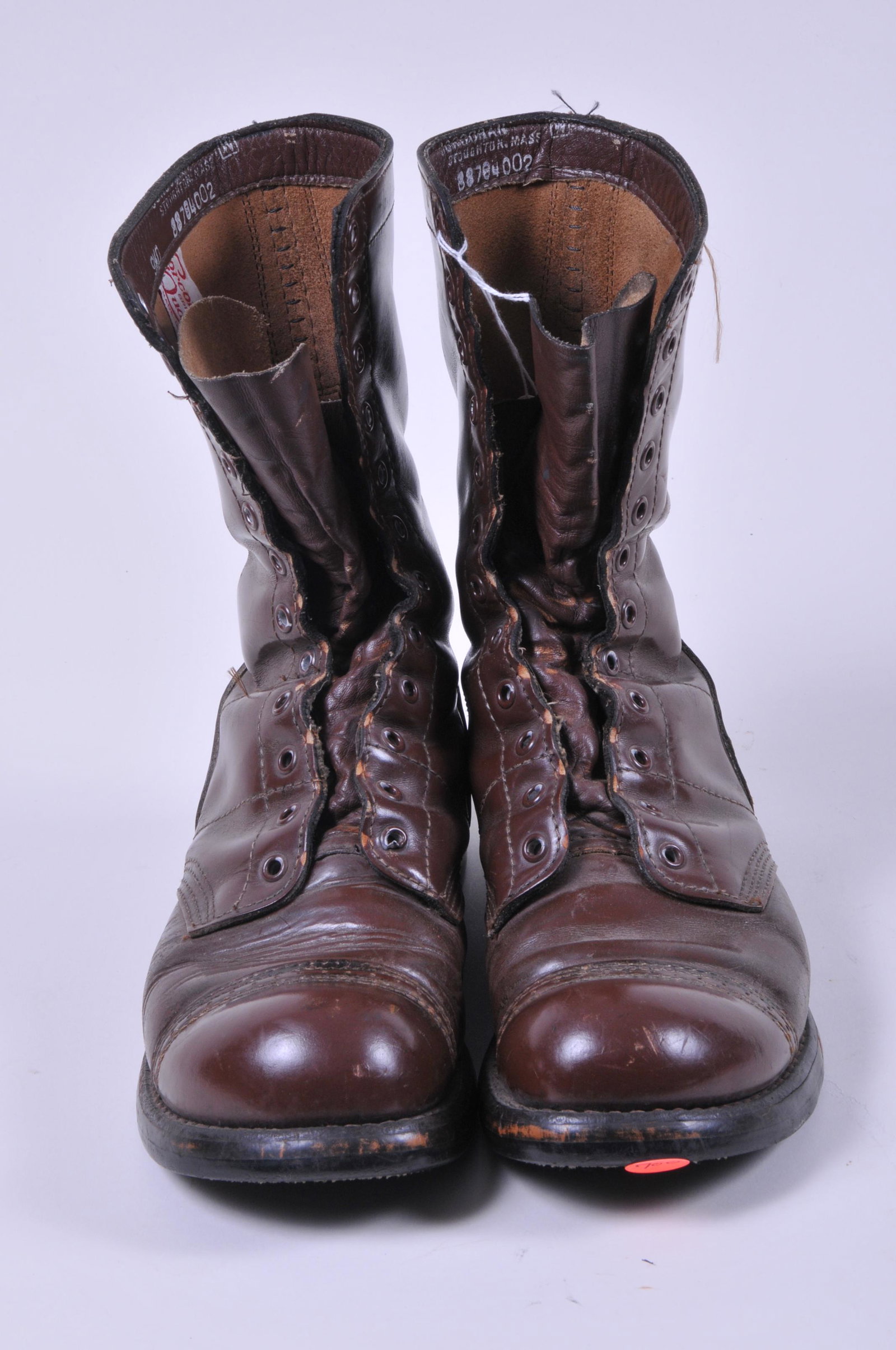 Early Army Brown Paratrooper Jump Boots WWII era, size: Early Army Brown Paratrooper Jump Boots WWII era, size 9-1/2 made by Corcoran of Stoughton, Mass.