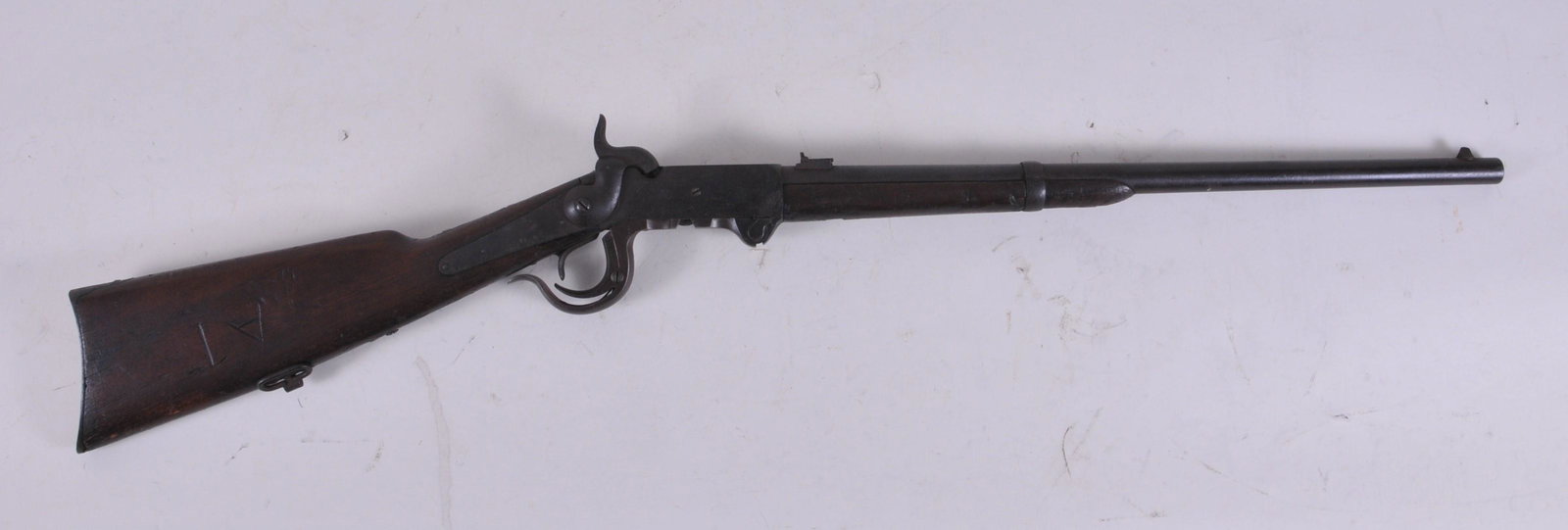 Civil War Burnside Carbine Fifth Model with low serial: Civil War Burnside Carbine Fifth Model with low serial # 6390 approx .54 cal. This carbine has a deep age patina with light to medium pitting throughout, but still looks the part. A nice Civil War rep