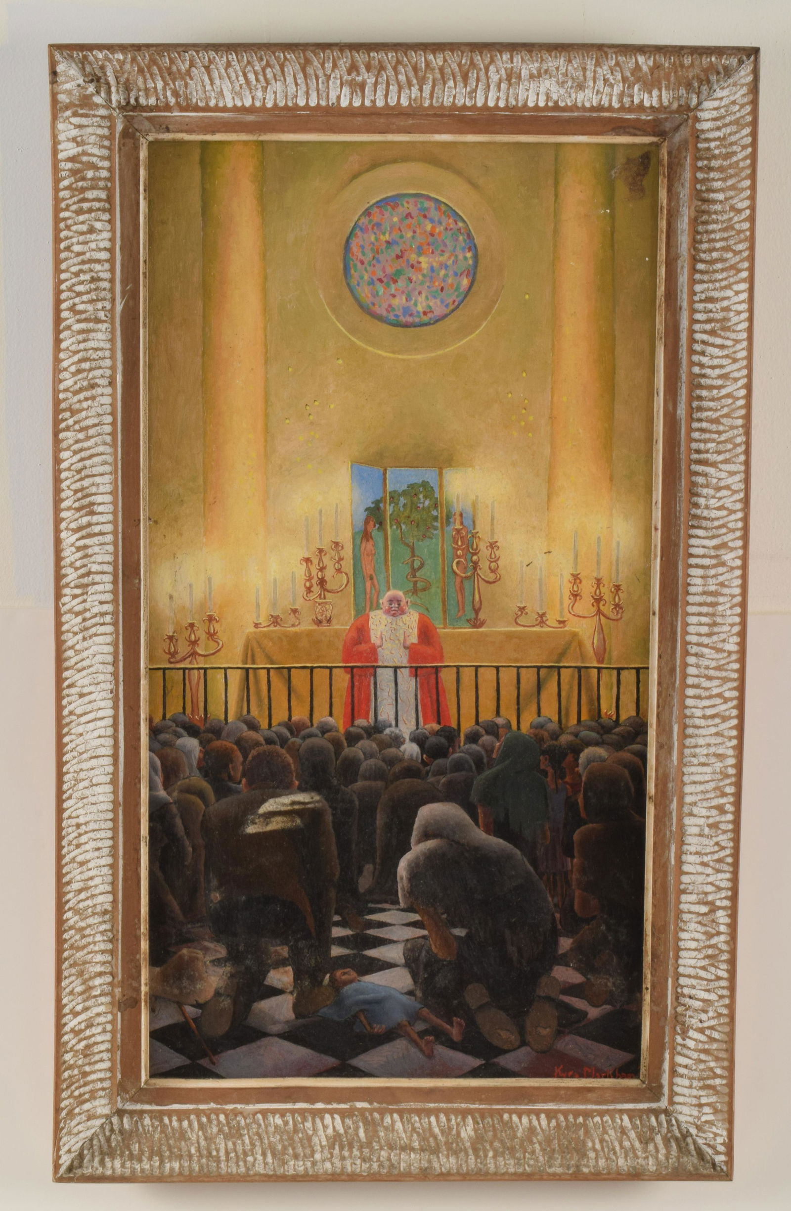 Kyra Markham Oil Painting: Kyra Markham. Cathedral interior with a cardinal and flock. Oil and gouache on masonite. Signed lower right. Framed. Surface grime. Minor flaking. Sight size: 30" x 16". Overall size: 35" x 21".