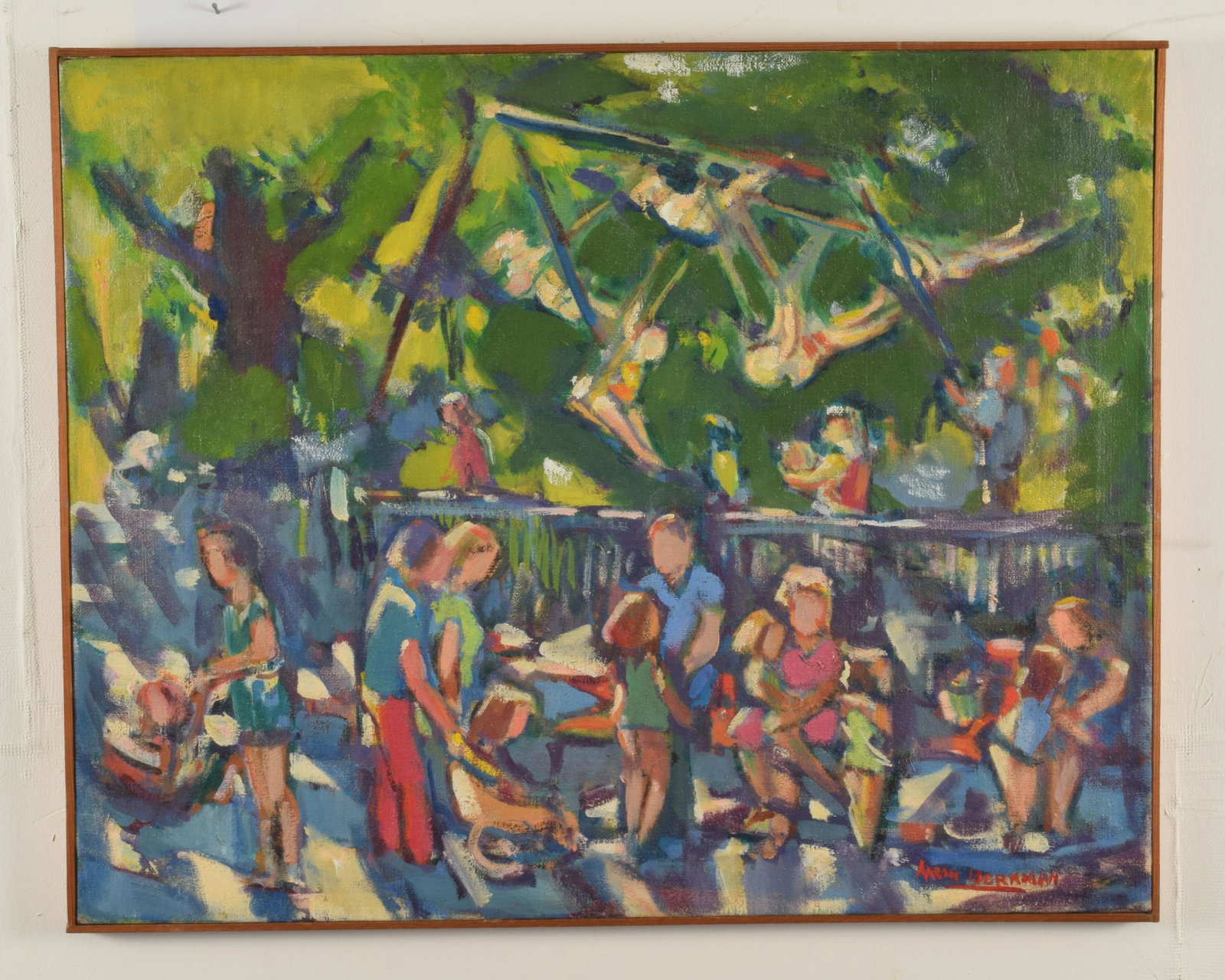 Aaron Berkman "Playground 1977" Oil Painting: Aaron Berkman, American. 20th Century painting. Titled verso â€œPlayground 1977”. Children at play, signed lower right. Oil on canvas, flat frame. 24 ½" x 30 ½”.