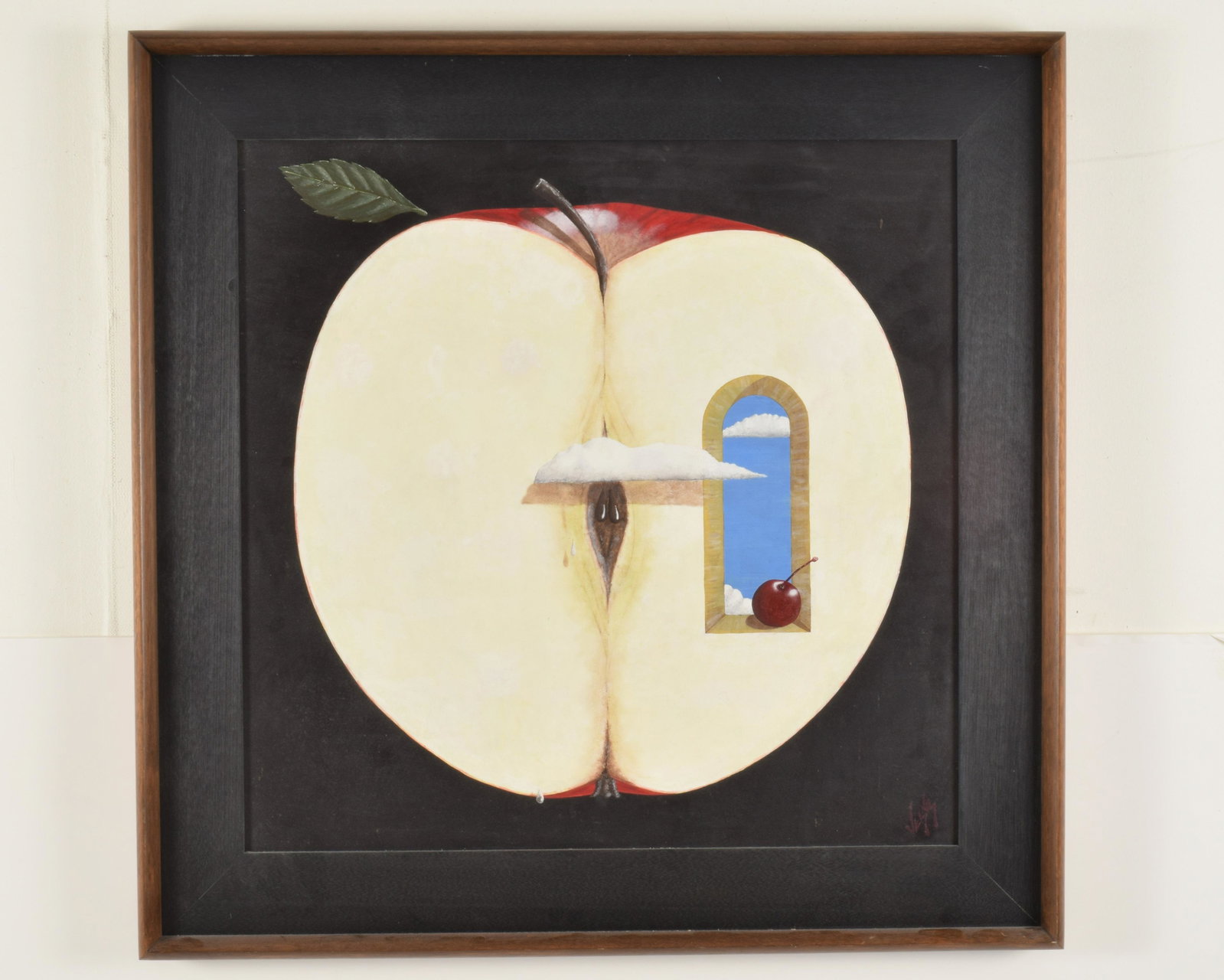 20th Century Surrealist Painting: 20th Century Surrealist Painting. Possibly Czech. Surrealist scene of apple, clouds, and cherry situated in an open arched window. Oil on canvas. Framed with broad black mat and walnut frame with expo