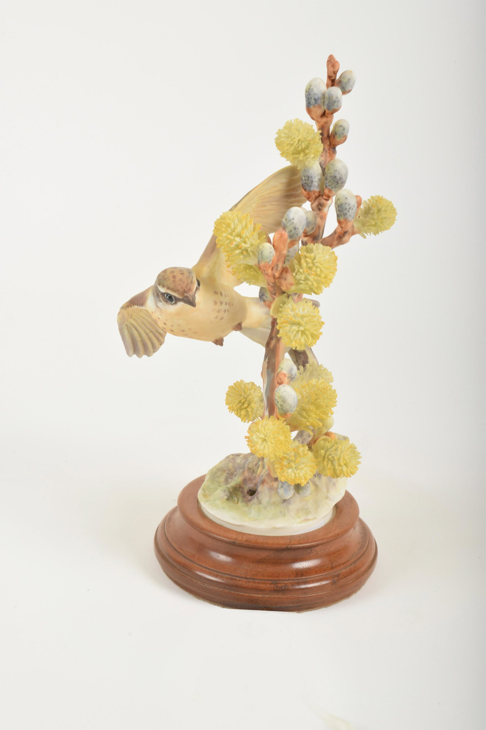 Dorothy Doughty for Royal Worcester "Vermillion: Dorothy Doughty for Royal Worcester. Bone China "Vermillion Flycatcher with Pussy Willow," made in England circa 1963. Approximately 9.75" high and 5" at widest point. With box. No obvious signs of si