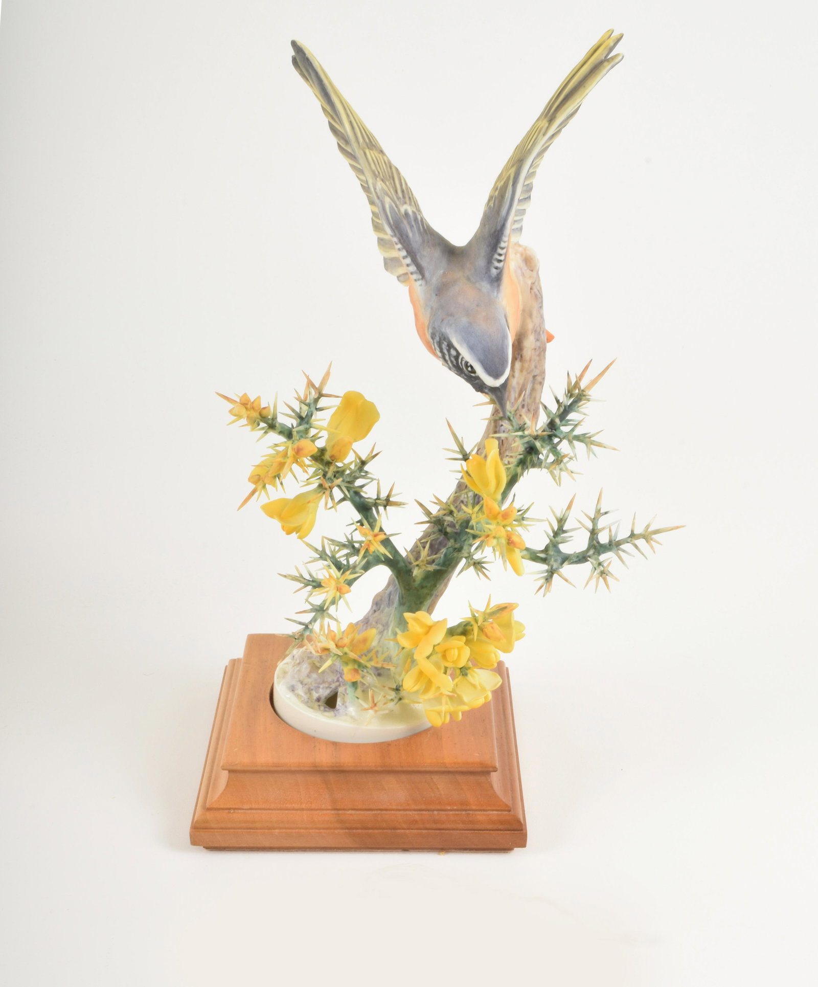Dorothy Doughty for Royal Worcester "Redstart and: Dorothy Doughty for Royal Worcester. Bone China "Redstart and Gorse," made in England circa 1968. Approximately 5" high and 6.25" at widest point. With box. Small loss to gorse.