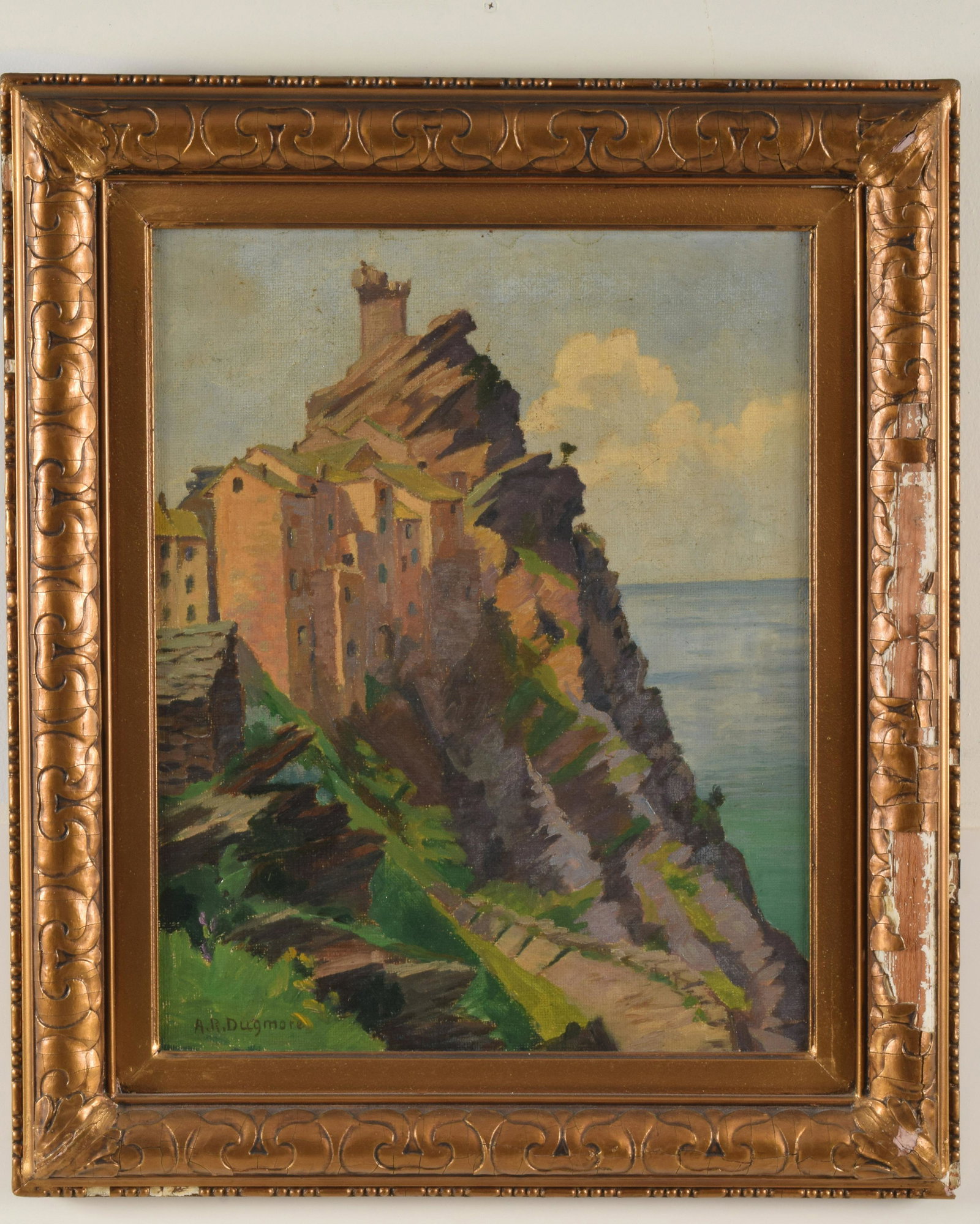 A.R. Dugmore European Oil Painting: AR Dugmore European Seaside view of Town. Oil on canvas. Signed lower left. Molded wood frame. Condition of frame is poor; surface grime to image with stretcher rash. Sight: 19 ½” x 15 &f