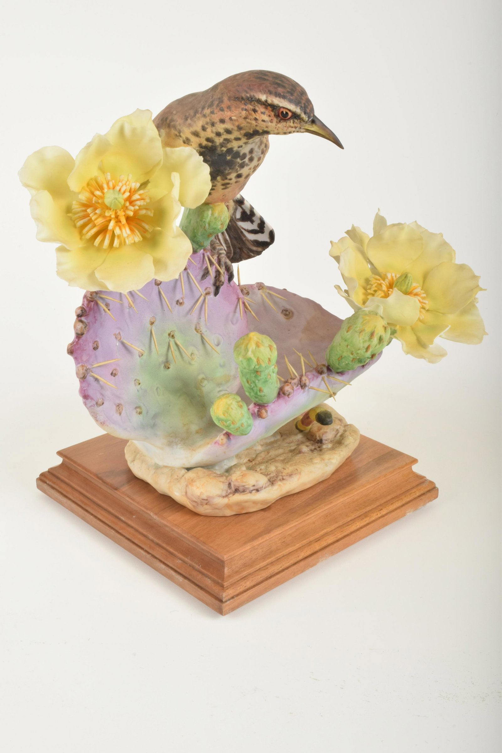 Dorothy Doughty for Royal Worcester "Cactus Wren Cock: Dorothy Doughty for Royal Worcester. Bone China "Cactus Wren Cock (tail down) and Prickly Pear," made in England. Approximately 10" high and 12" at widest point. With box. Break to cactus petal (inclu