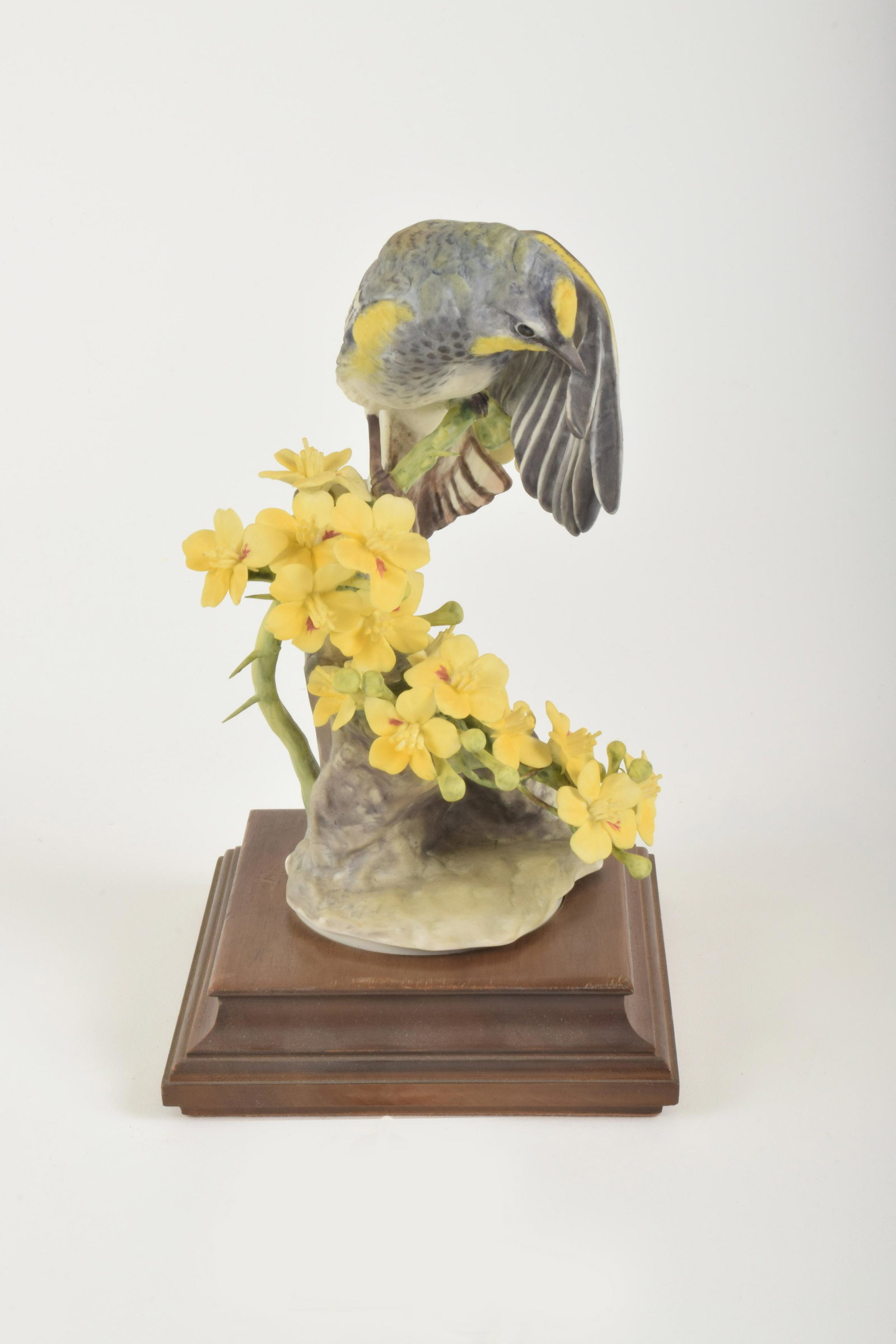 Dorothy Doughty for Royal Worcester "Audubon Warbler: Dorothy Doughty for Royal Worcester. Bone China "Audubon Warbler and Palo Verdi," made in England circa 1963. Approximately 8" high and 4.5" at widest point. With box. Crack to base.