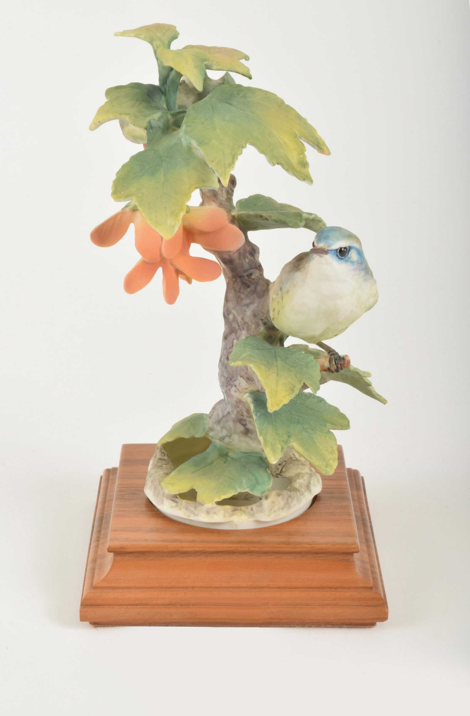 Dorothy Doughty for Royal Worcester "Cerulean Warbler: Dorothy Doughty for Royal Worcester. Bone China "Cerulean Warbler and Maple," made in England circa 1965. Approximately 8.75" high and 5" at widest point. With box. No obvious signs of signs of damage