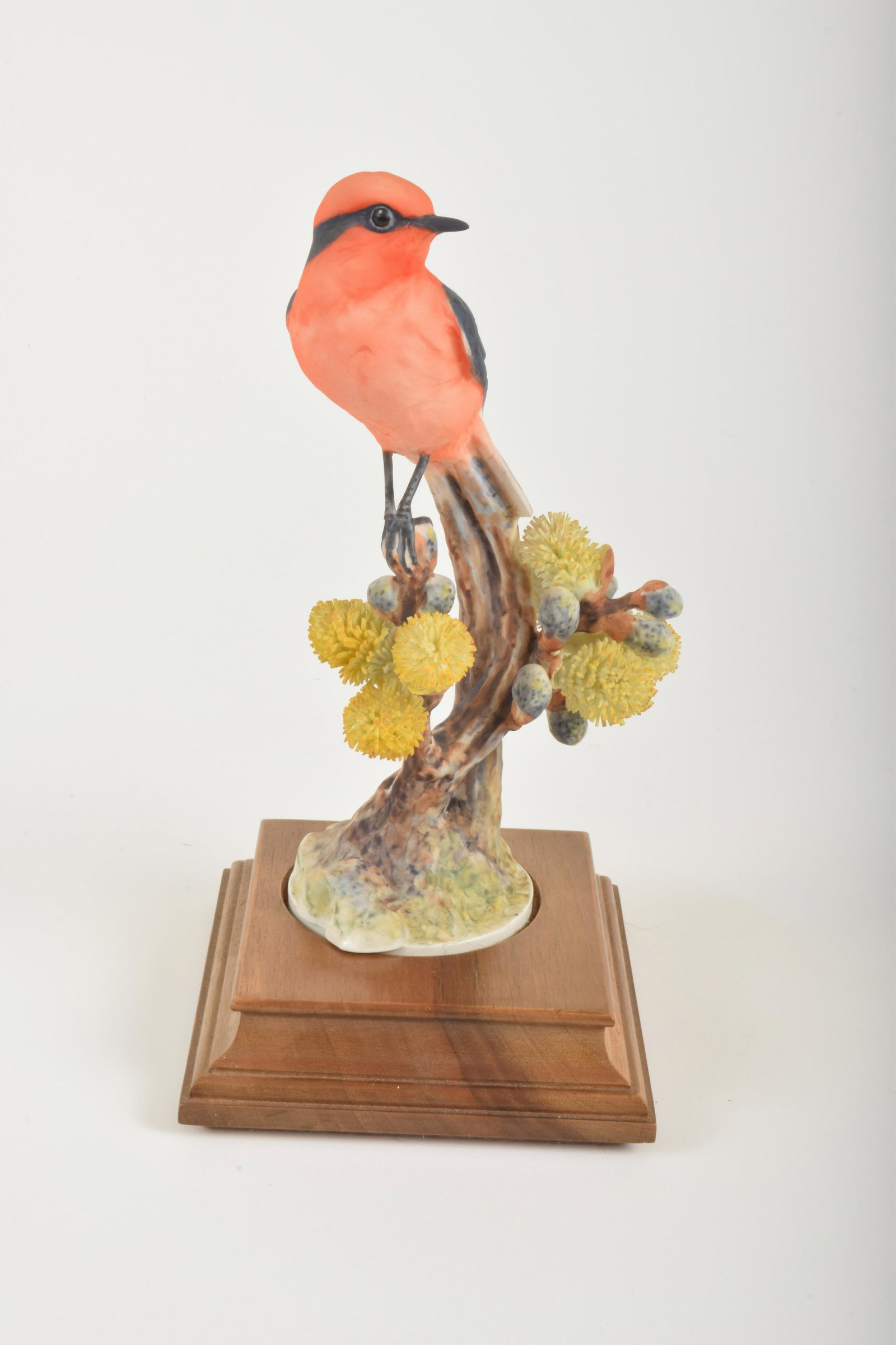 Dorothy Doughty for Royal Worcester "Vermillion: Dorothy Doughty for Royal Worcester. Bone China "Vermillion Flycatcher Hen with Pussy Willow," made in England circa 1963. Approximately 9" high and 4.75" at widest point. With box. No obvious signs o