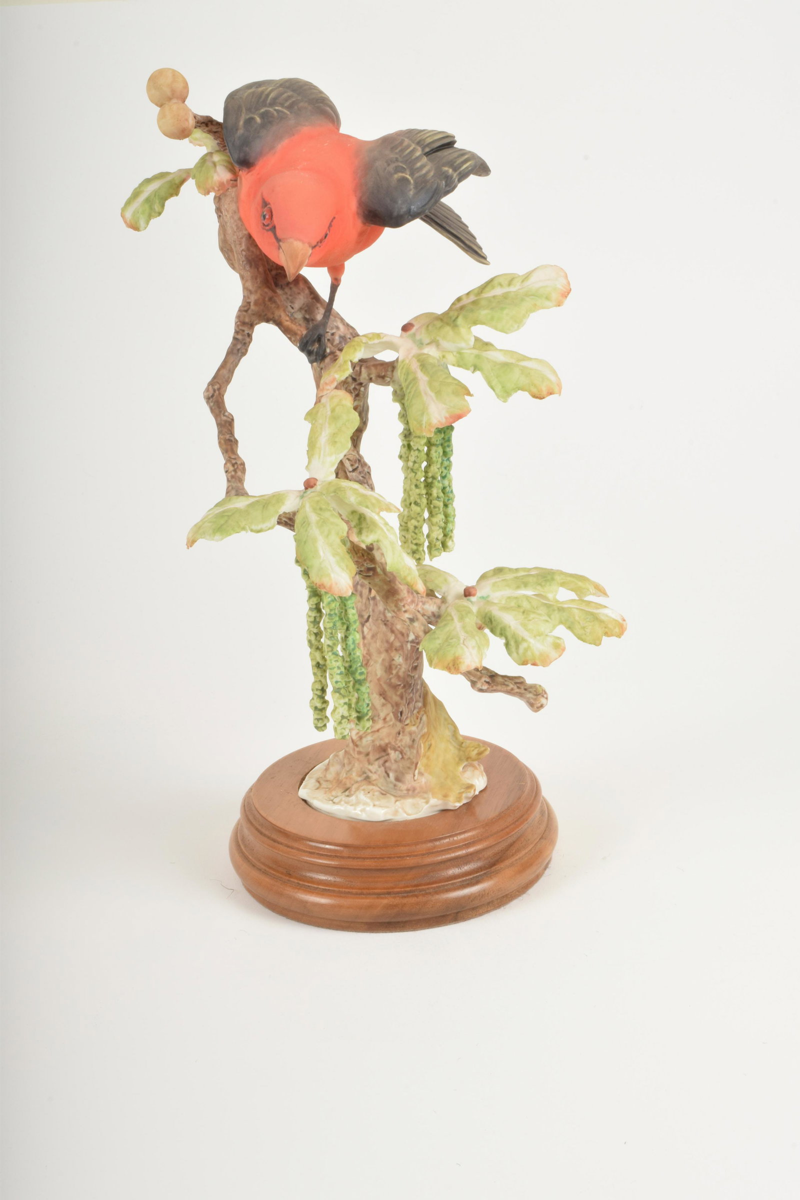 Dorothy Doughty for Royal Worcester "Scarlet Tanager": Dorothy Doughty for Royal Worcester. Bone China "Scarlet Tanager," made in England. Approximately 12" high and 8" at widest point. With box and wooden base. No obvious signs of signs of damage.