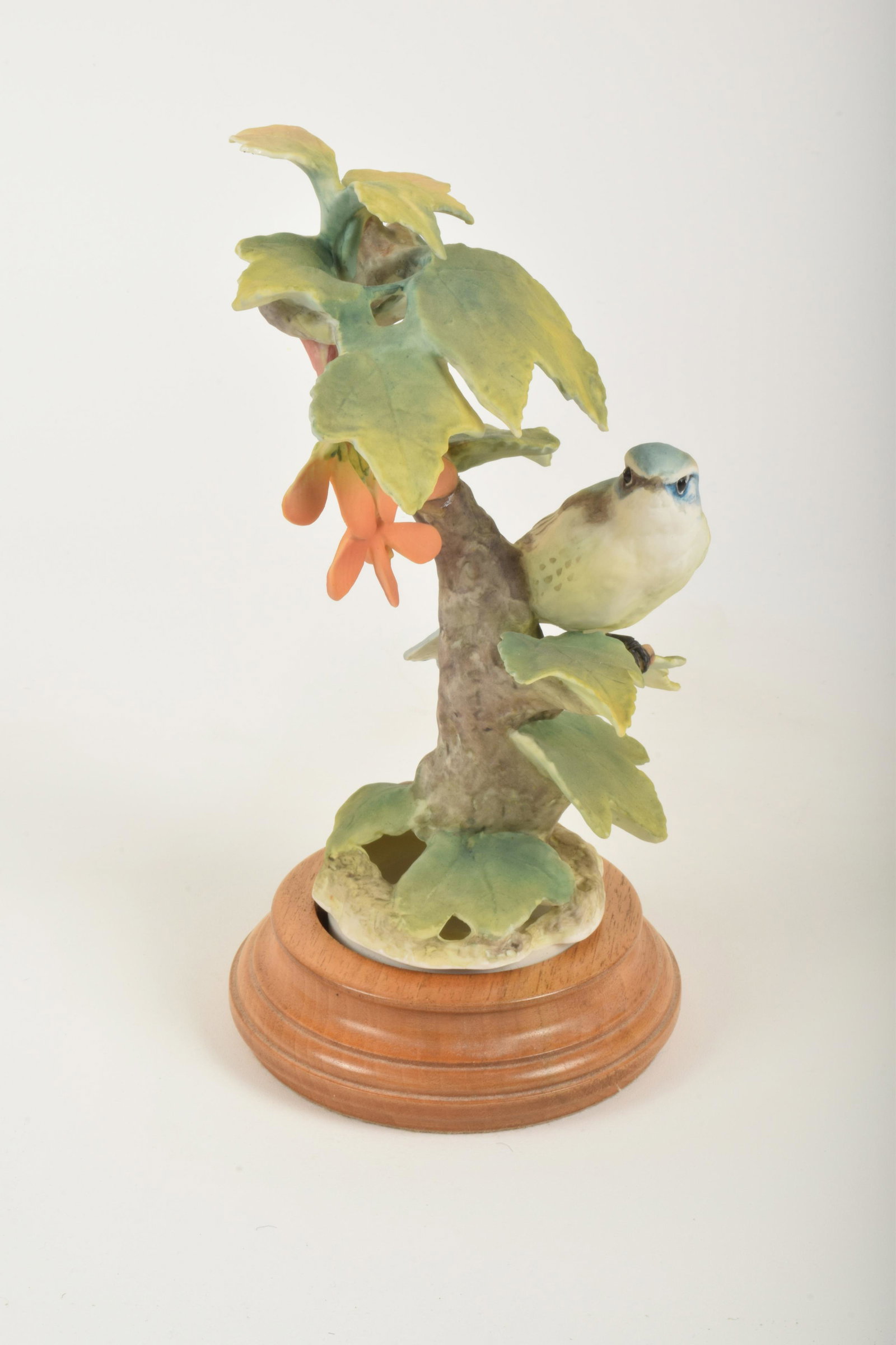Dorothy Doughty for Royal Worcester "Cerulean Warbler: Dorothy Doughty for Royal Worcester. Bone China "Cerulean Warbler and Maple," made in England circa 1965. Approximately 9" high and 5.25" at widest point. With box. No obvious signs of signs of damage
