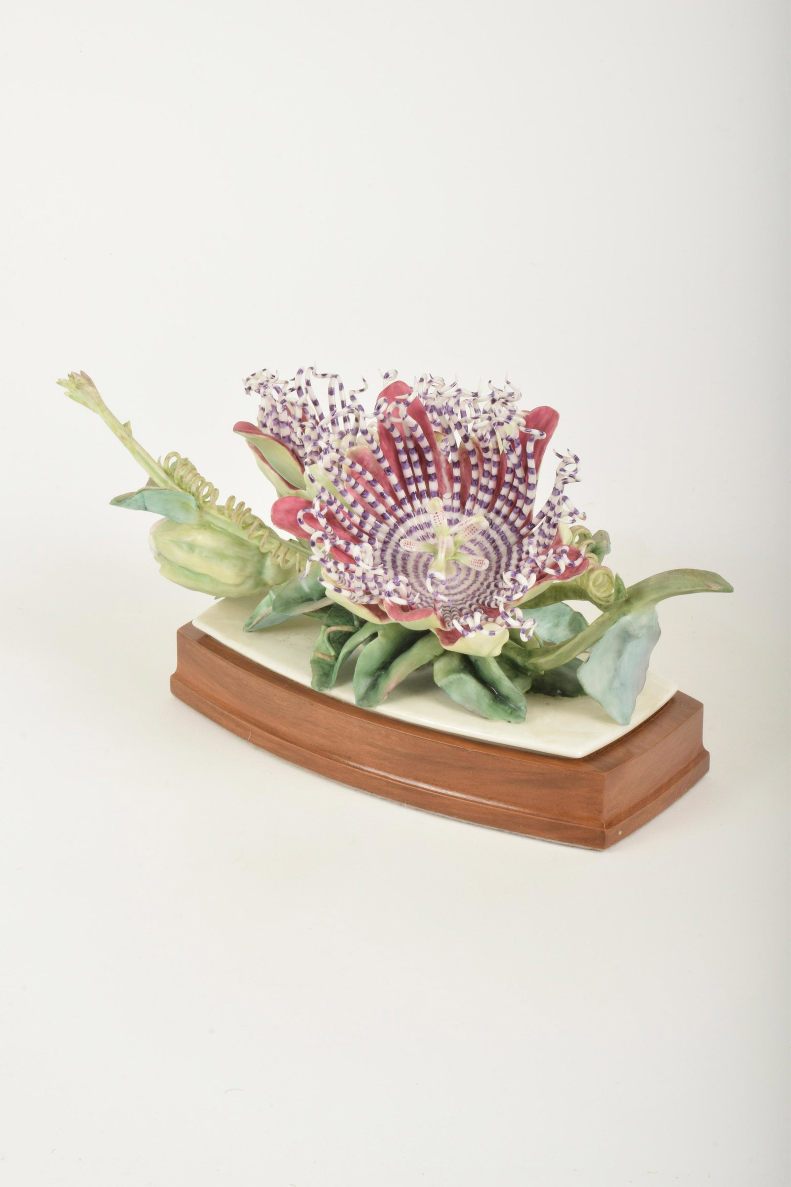Ronald Van Ruyckevelt for Royal Worcester "Passion: Ronald Van Ruyckevelt for Royal Worcester. Bone China "Passion Flower," made in England circa 1960. Approximately 4.5" high and 9.5" at widest point. No box. One striped petal broken (included).