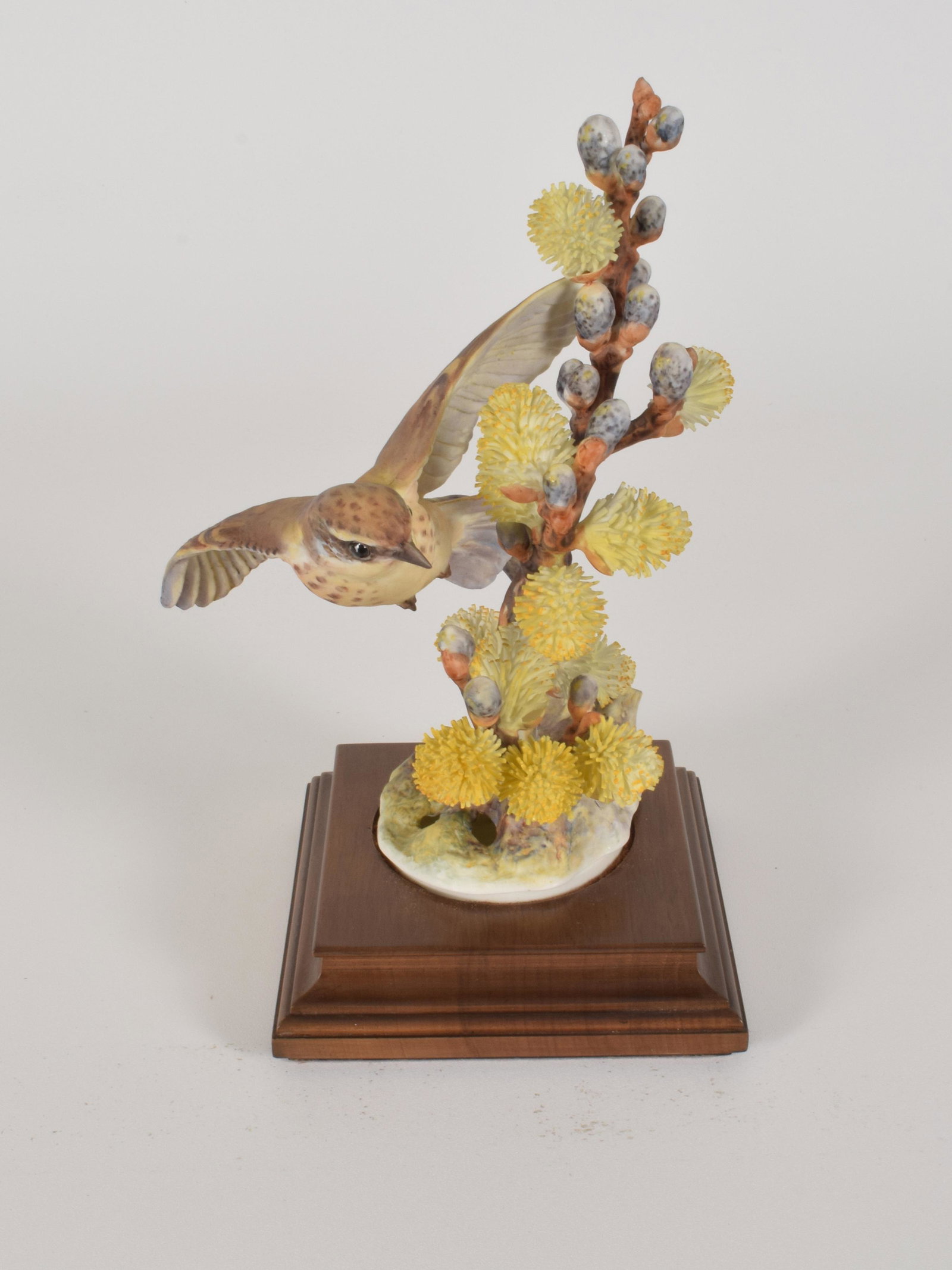 Dorothy Doughty for Royal Worcester "Vermillion: Dorothy Doughty for Royal Worcester. Bone China "Vermillion Flycatcher Hen with Pussy Willow," made in England circa 1963. Approximately 9" high and 4.75" at widest point. With box. No obvious signs o