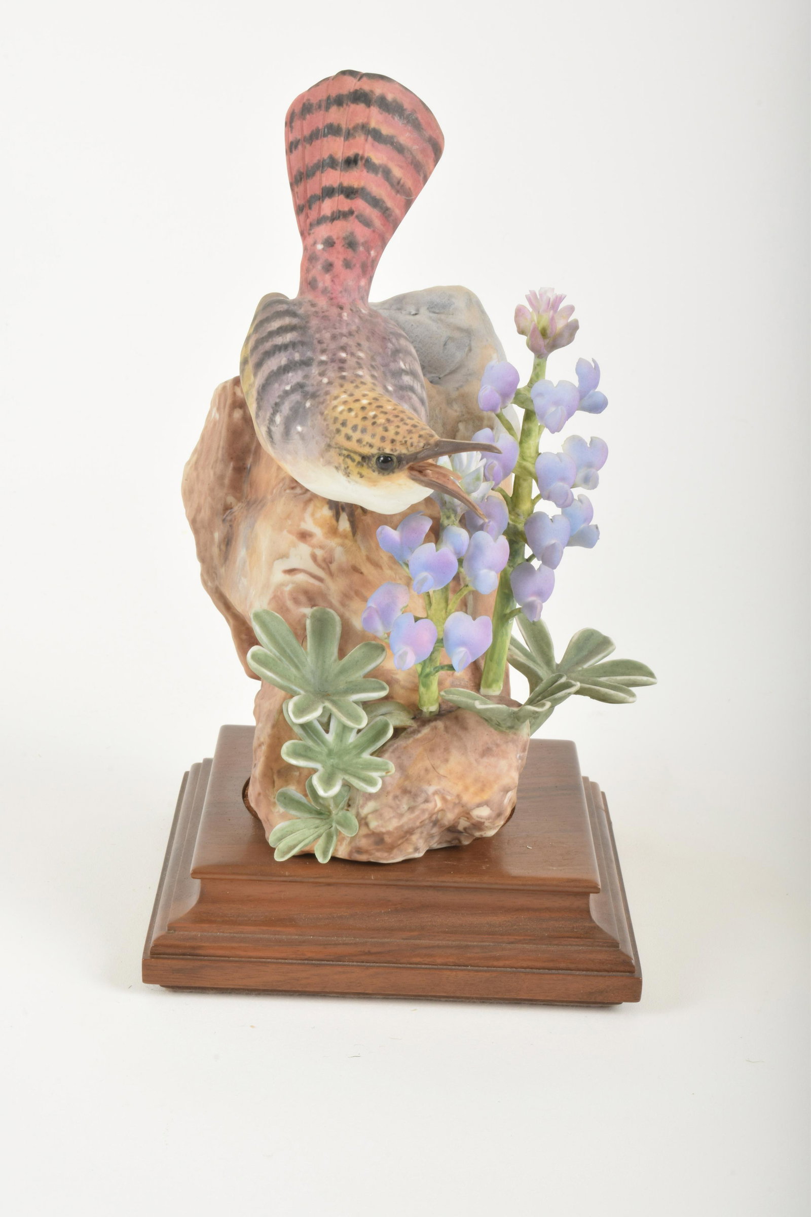 Dorothy Doughty for Royal Worcester "Canyon Wren with: Dorothy Doughty for Royal Worcester. Bone China "Canyon Wren with Wild Lupin," made in England. Approximately 8.5" high and 5" at widest point. With box. No obvious signs of signs of damage.