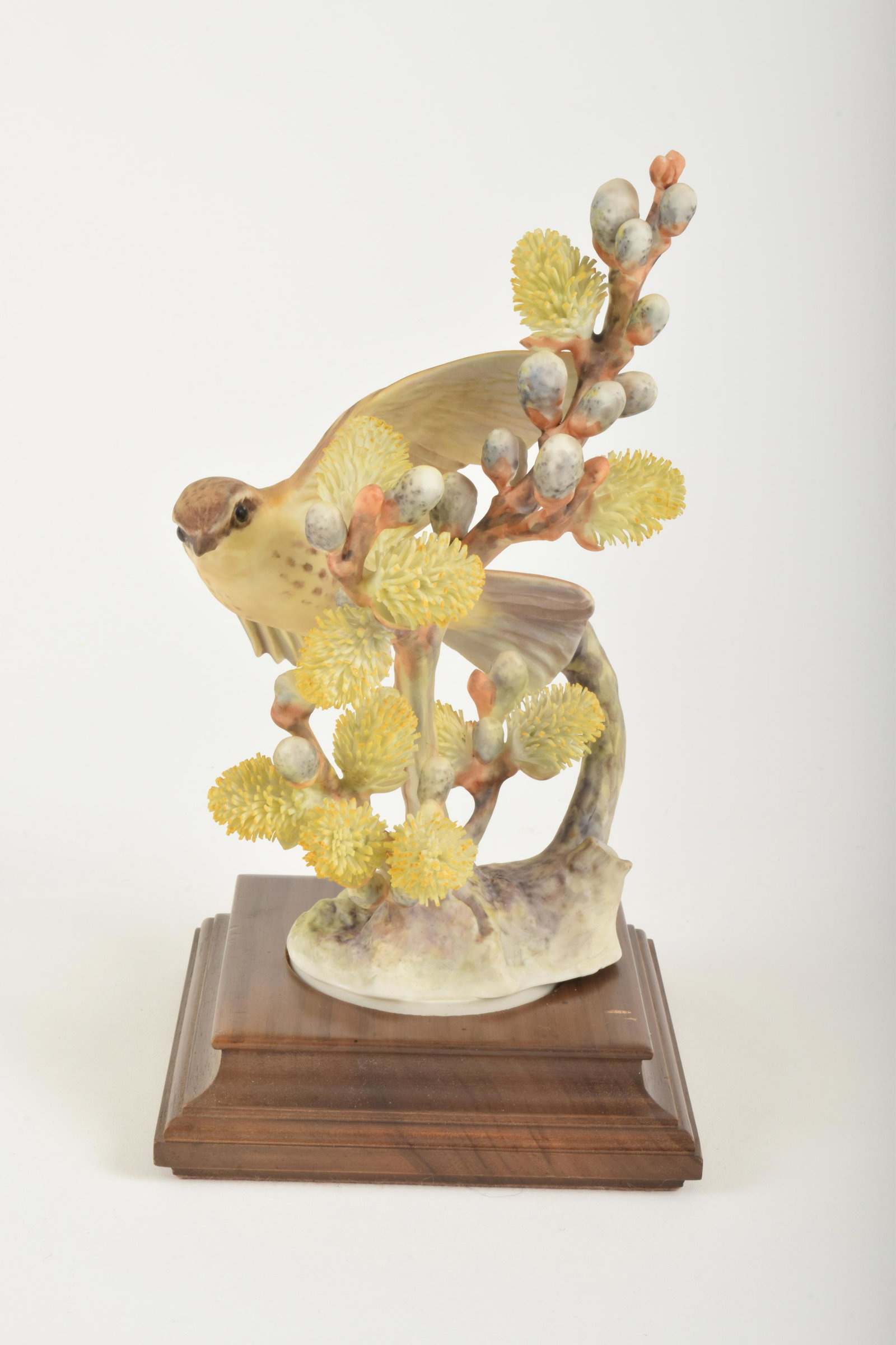 Dorothy Doughty for Royal Worcester "Vermillion: Dorothy Doughty for Royal Worcester. Bone China "Vermillion Flycatcher with Pussy Willow," made in England circa 1963. Approximately 8.75" high and 5" at widest point. With box. No obvious signs of si
