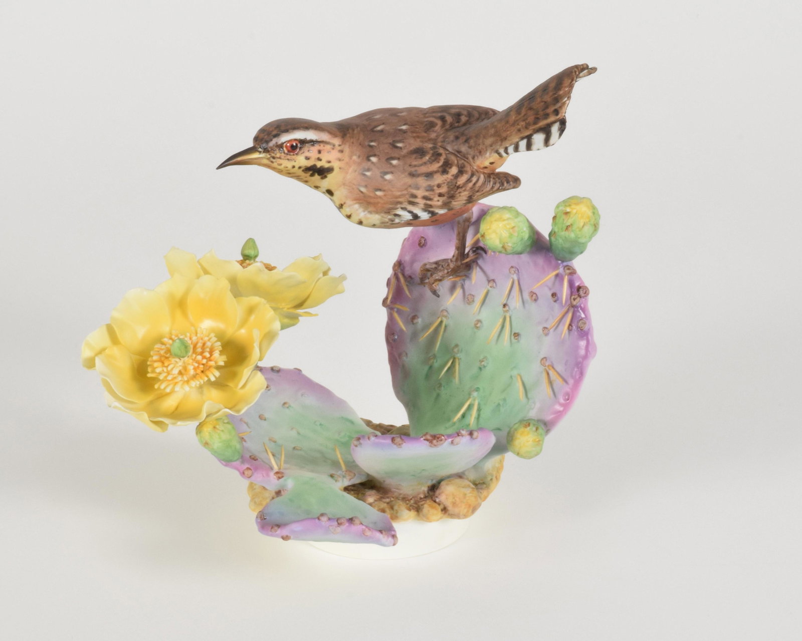 Dorothy Doughty for Royal Worcester "Cactus Wren Cock: Dorothy Doughty for Royal Worcester. Bone China "Cactus Wren and Prickly Pear," made in England. Approximately 10" high and 10.5" at widest point. With box. No obvious signs of signs of damage.