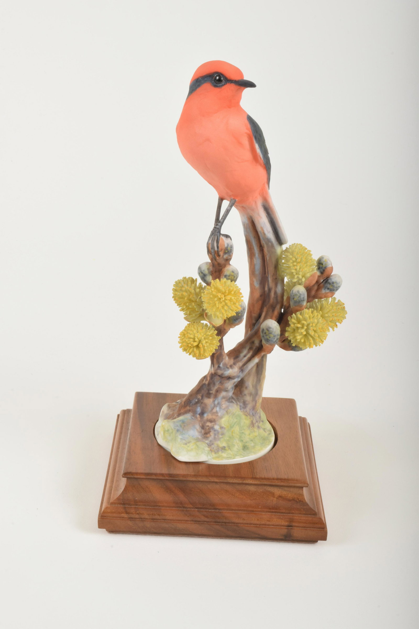 Dorothy Doughty for Royal Worcester "Vermillion: Dorothy Doughty for Royal Worcester. Bone China "Vermillion Flycatcher with Pussy Willow," made in England circa 1963. Approximately 9.5" high and 4.5" at widest point. With box. No obvious signs of s