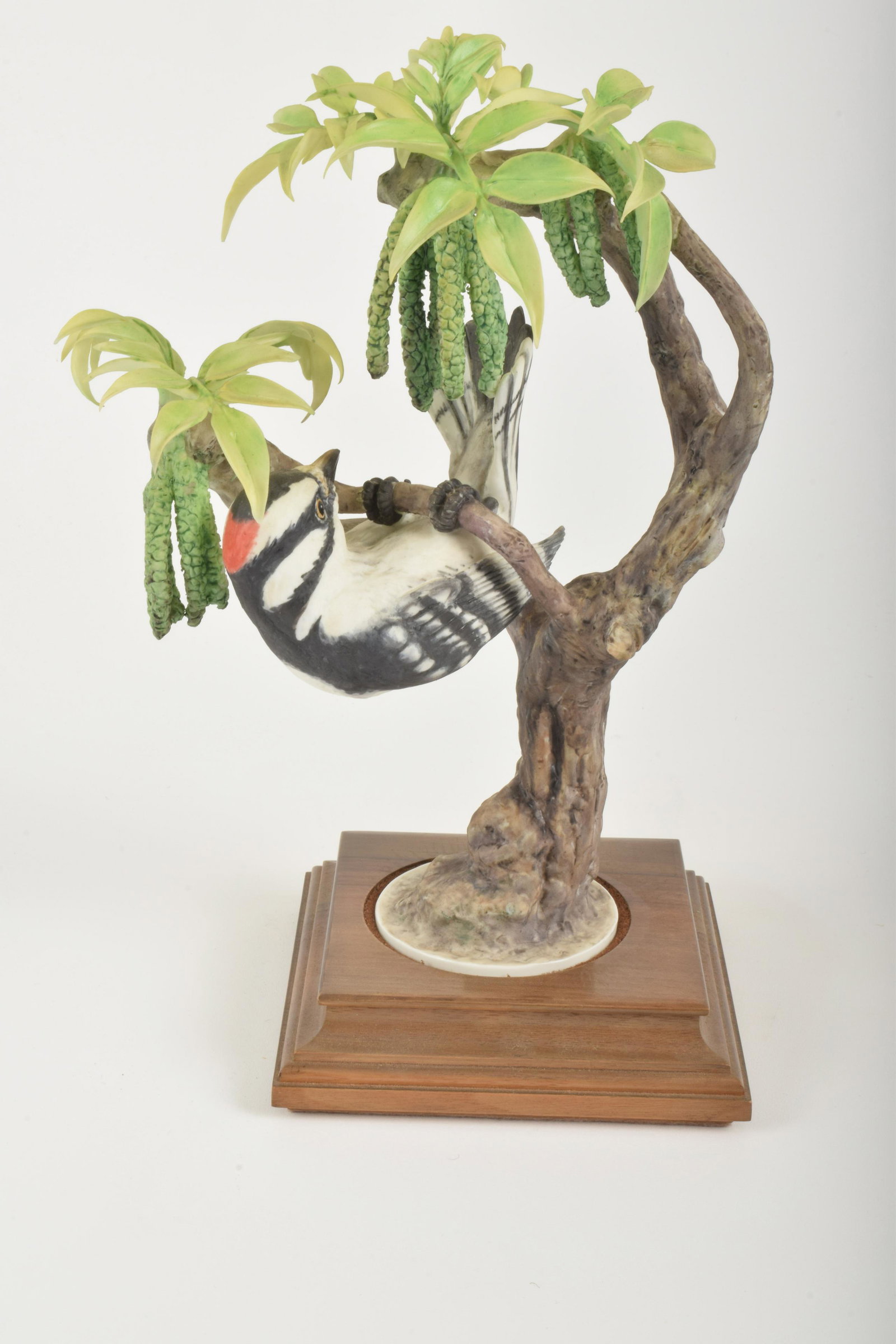 Dorothy Doughty for Royal Worcester "Little Downy: Dorothy Doughty for Royal Worcester. Bone China "Little Downy Woodpecker and Pecan," made in England circa 1967. Approximately 10.5" high and 6.75" at widest point. With box. No obvious signs of signs