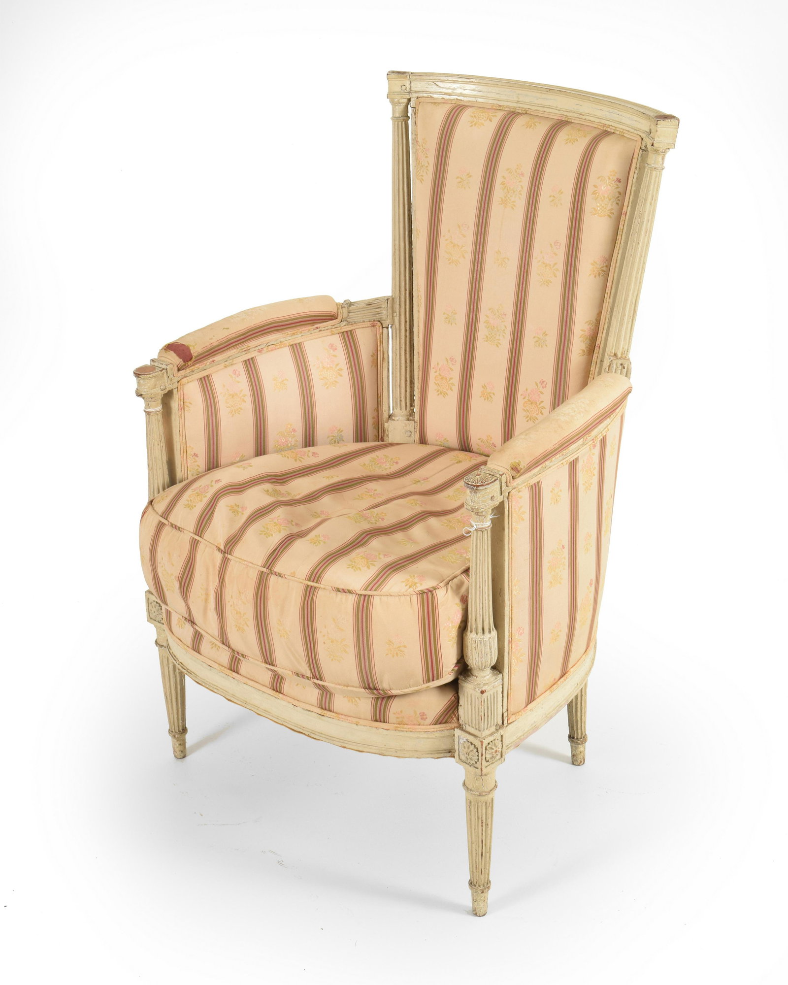 18th Century Louis XVI Bergere: 18th Century Louis XVI Bergere. White painted frame with fluted, tapered legs and curved armrests. Upholstered in polychrome striped fabric with floral motifs. Missing caps to one armrest and crest, w