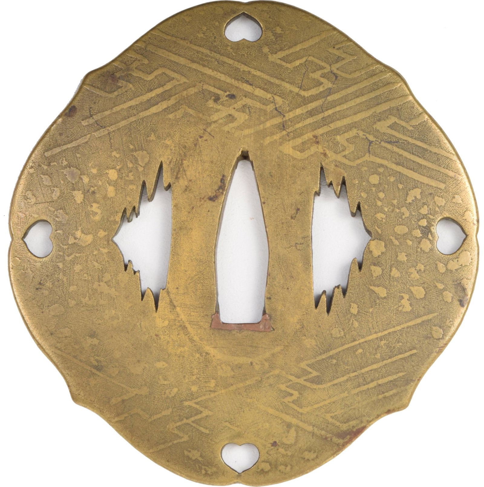 Sentoku Guard, 19th Century: Sentoku guard. 19th Century, with pine tree-shaped riohitsu and pierced Aoi emblem, the acid-etched ground with thunder meanders. 3 x 3 1/8 inches.