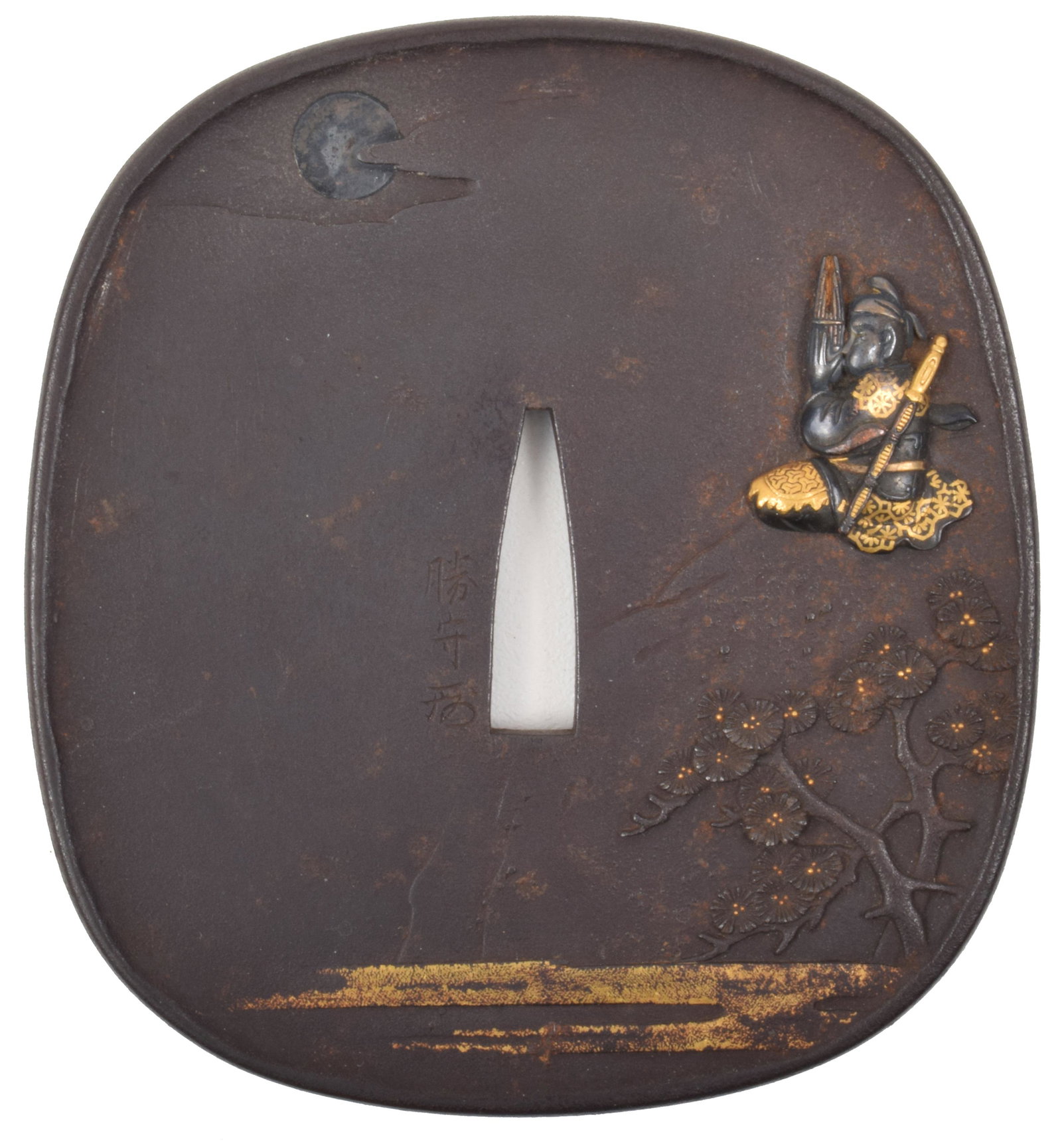 Iron Tsuba, Signed, 18th Century: Iron tsuba. Signed, 18th Century, with a raised rim, carved and inlaid with shakudo, gold, and silver, a figure of a warrior playing a water flute at the full moon. 2 7/8 x 3 1/8 inches.