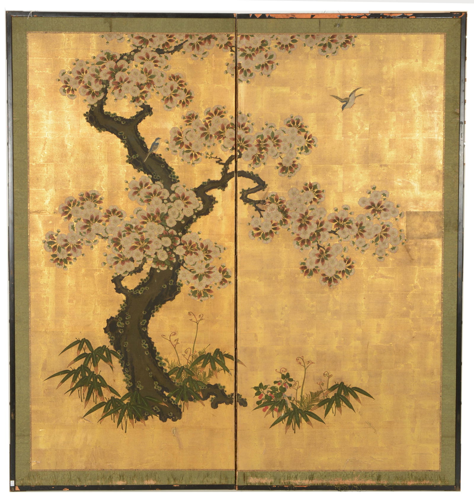 Japanese Two-Panel Screen, 19th Century: 2-panel screen, Japan, 19th Century or earlier. Ink and colors on gold paper, decoration of a flowering tree. 67 1/2” x 64”