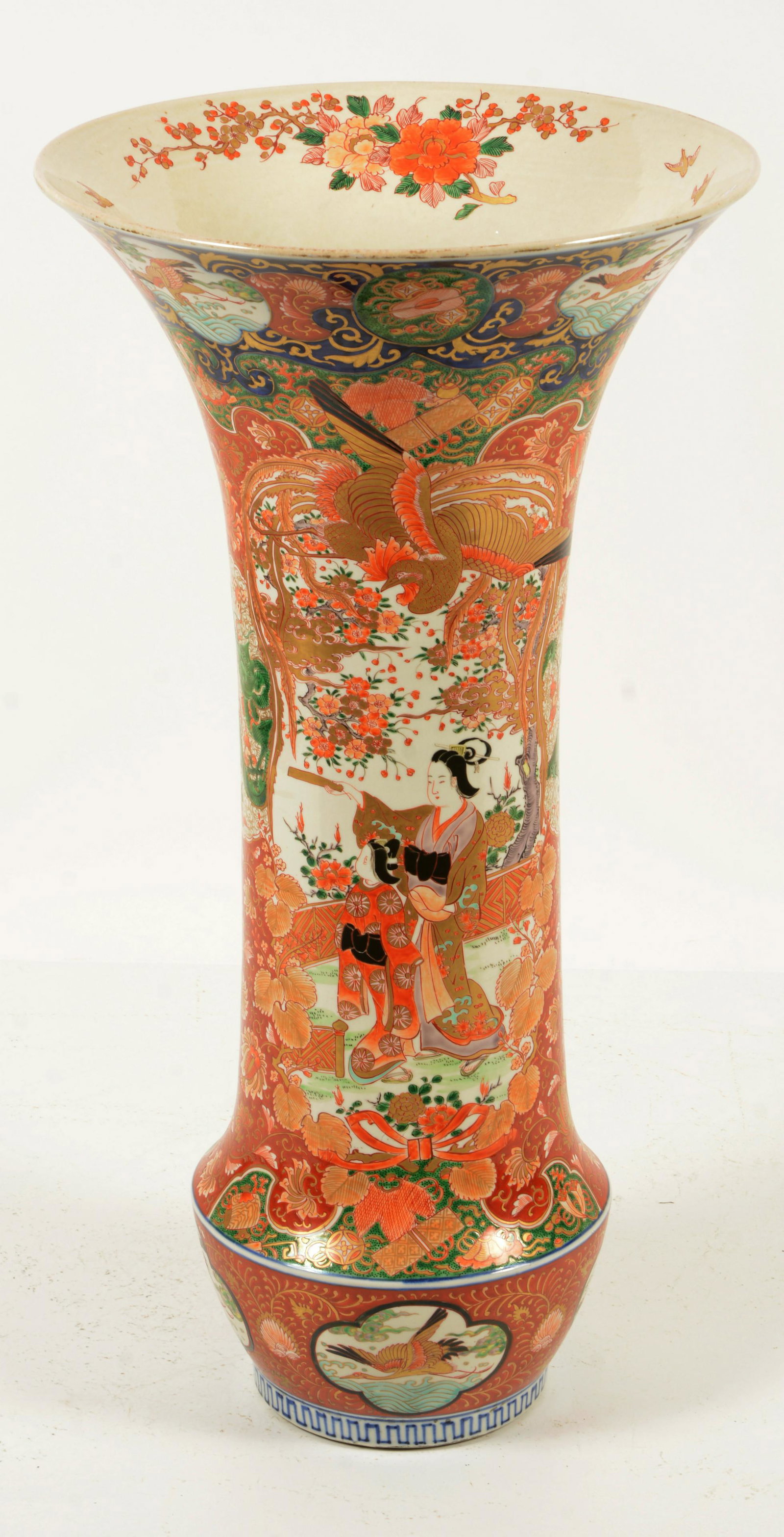 Japanese Imari Vase, Meiji Period: Porcelain vase, Japan, Meiji period (1868-1912). Trumpet shape, Imari ware. 30 ½” high.