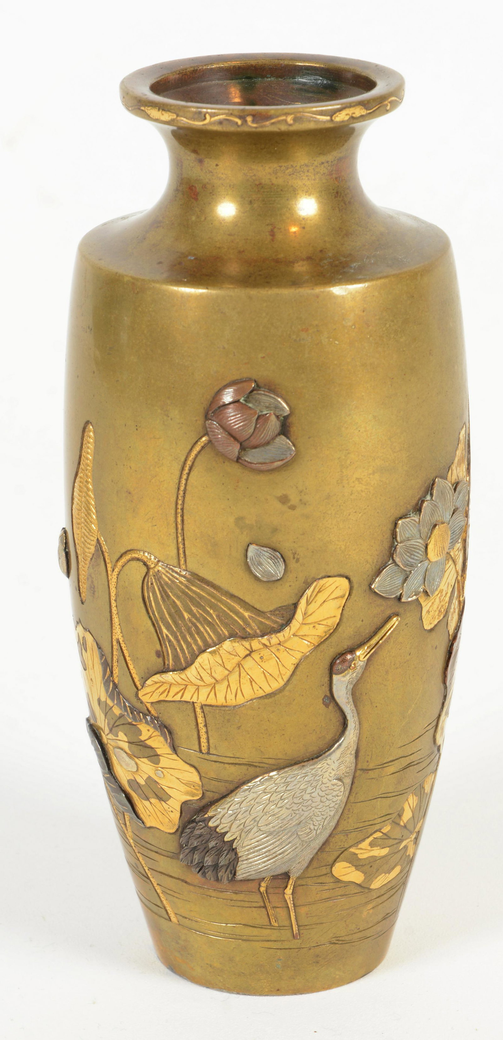 Mixed Metal Vase, Signed, Meiji Period: Mixed metal vase. Japan. Meiji period (1868-1912). Decoration of birds and aquatic plants. Signed. 6-1/4” high.