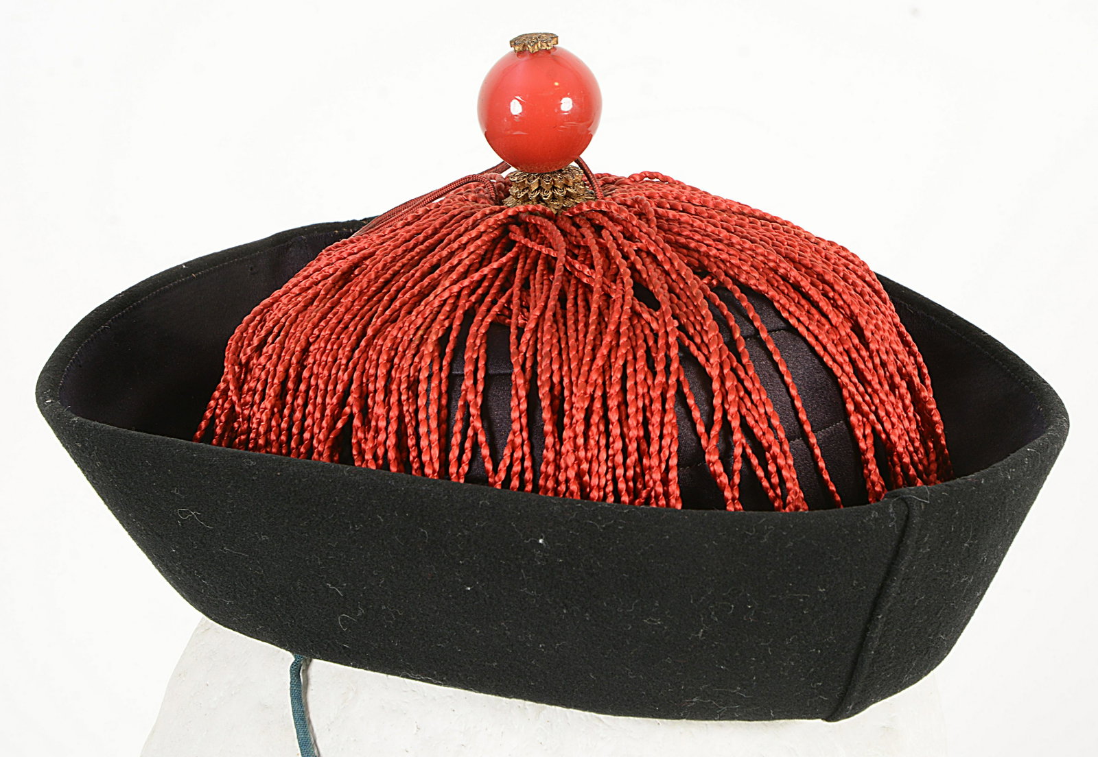 Chinese Official's Winter Hat: Official's winter hat, China, 19th Century. First rank coral glass button.