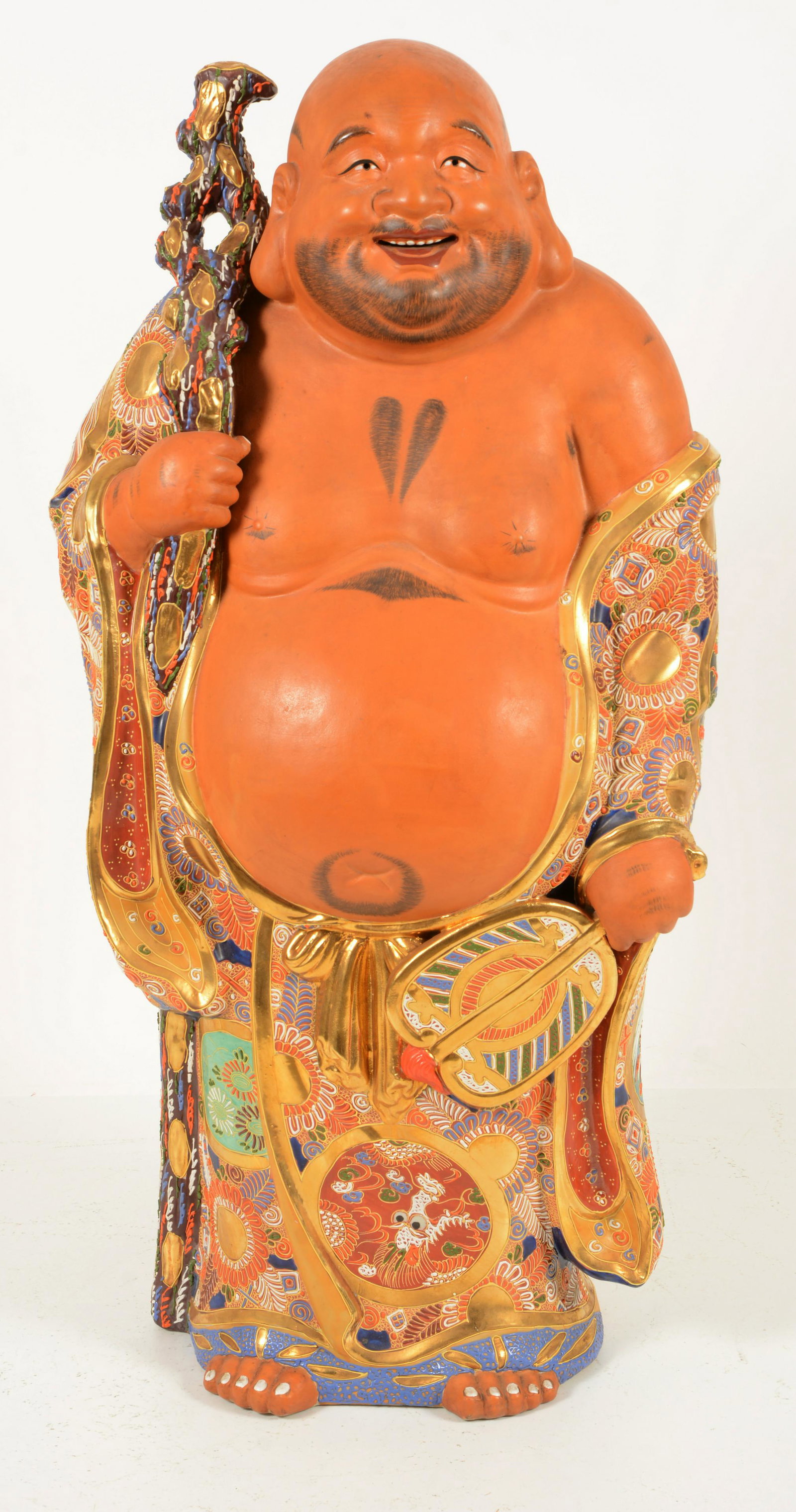Large Satsuma Pottery Figure of Buddha: Early 20 th Century Japanese earthenware Satsuma pottery figure of Buddha. 36” Height.