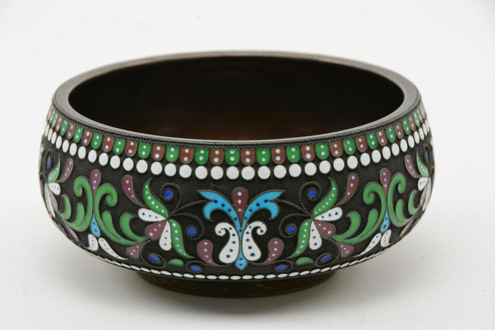 Russian Silver Enameled Bowl: Russian silver enameled bowl. Bead and dart borders with leaf vine decoration. 88 mark. Makers mark on base. Possibly Mikhail Grachev. Good condition. 5” wide. 9.1 ozt.