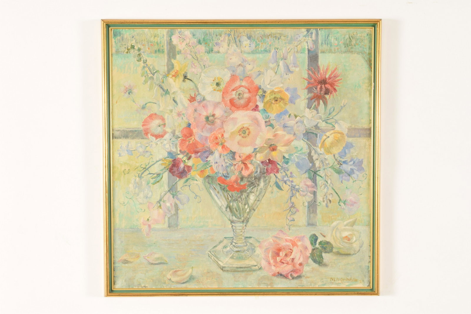 Nora Lucy Mowbray Cundell Still Life Painting: Nora Lucy Mowbray Cundell. American-Arizona. Floral tabletop still life with a vase of flowers against an exterior window. Oil on canvas. Signed and dated 1938 lower right. Slight craquelure. Framed. 