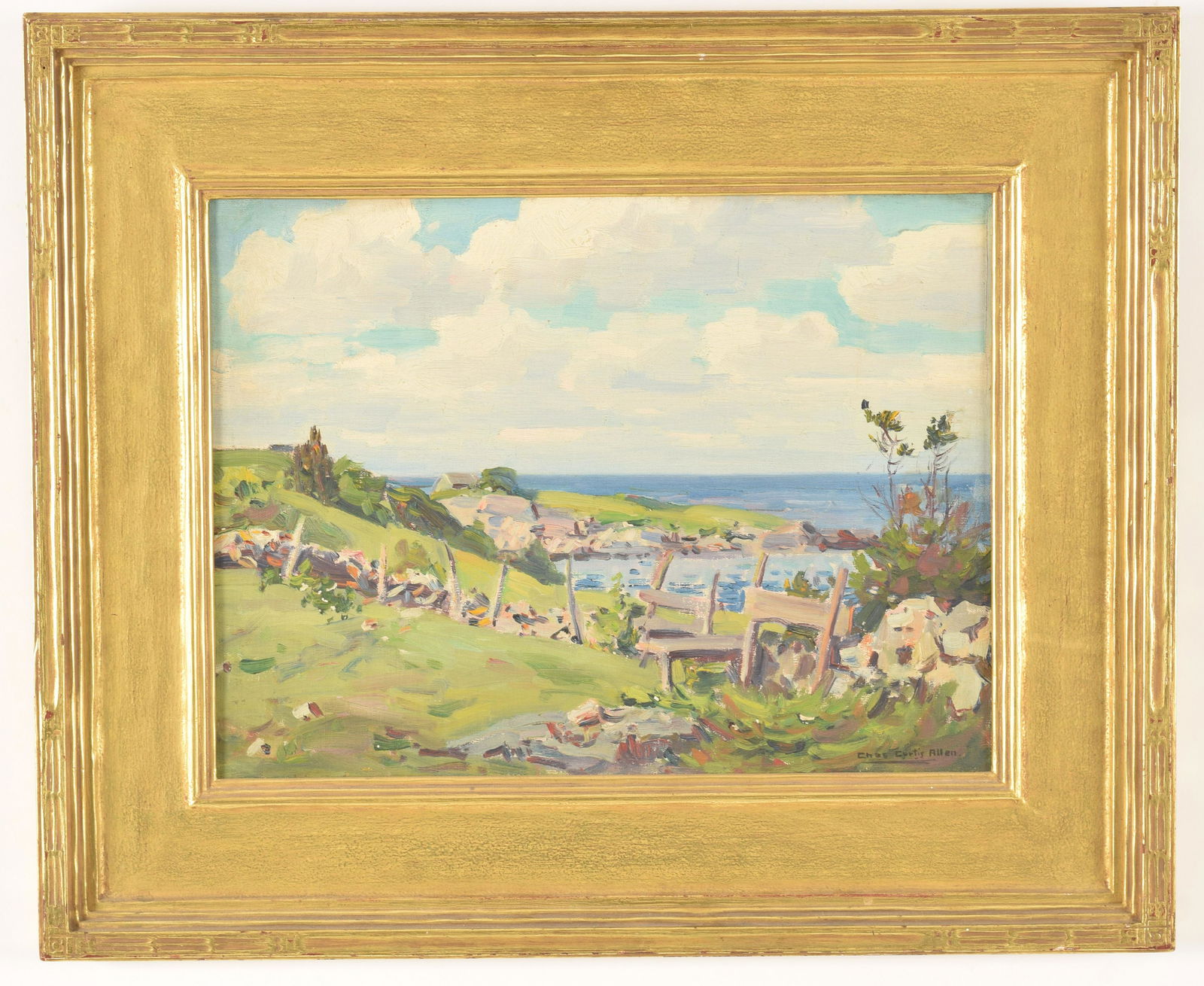 Charles curtis Allen "August Clouds" Landscape: Charles Curtis Allen. American. “August Clouds”. New England seaside landscape with a house and fences. Framed in a vintage fine quality carved and gilt Arts and Crafts frame. Possibly by