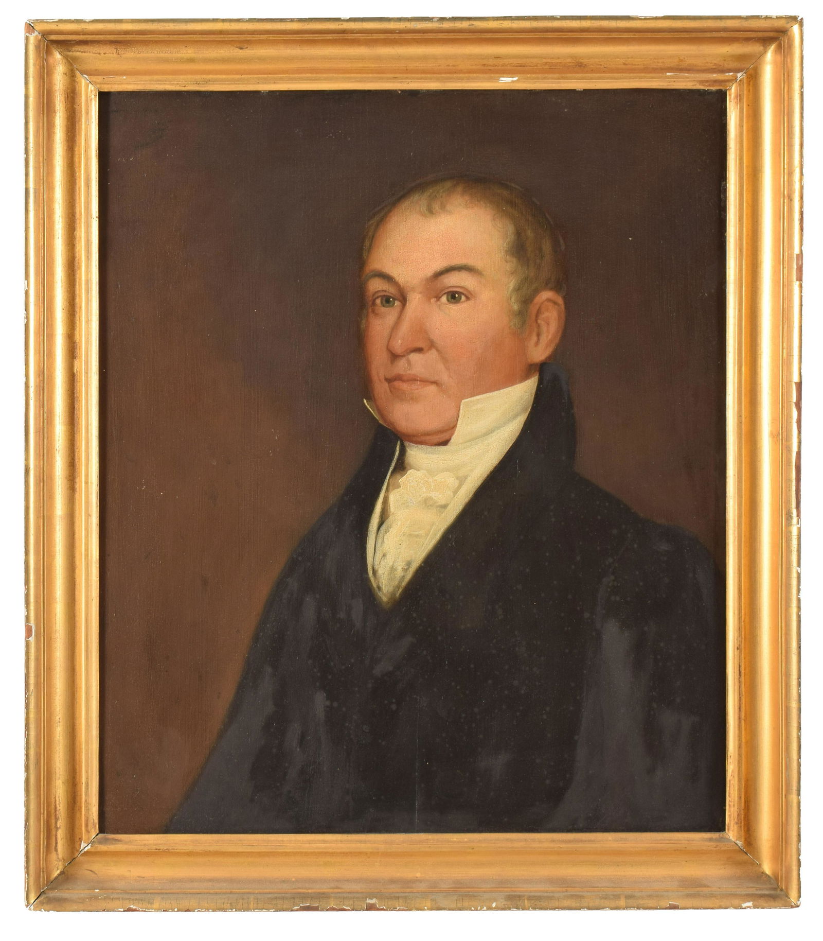 Early 19th Century Gilbert Stuart Style Portait: Early 19th century American Gilbert Stuart style portrait on wood panel. Portrait of Abner Davis. Born 1784. Original frame. Identified on reverse. Good condition. Craquelure. Varnish. Bloom on black