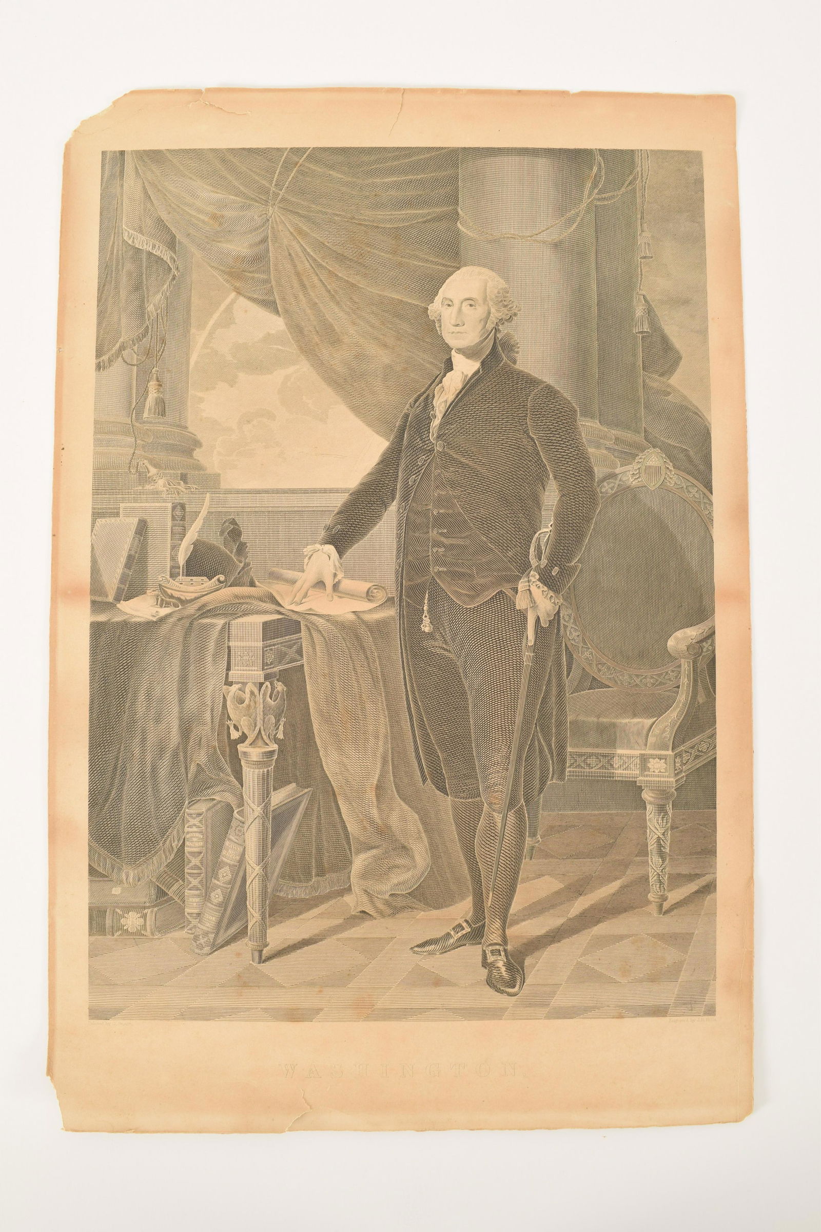 J. H. Hills Engraving of George Washington: George Washington engraving by J.H. Hills. After Gilbert Stuart. Unframed. Border tears. Toning. 24” x 16”.