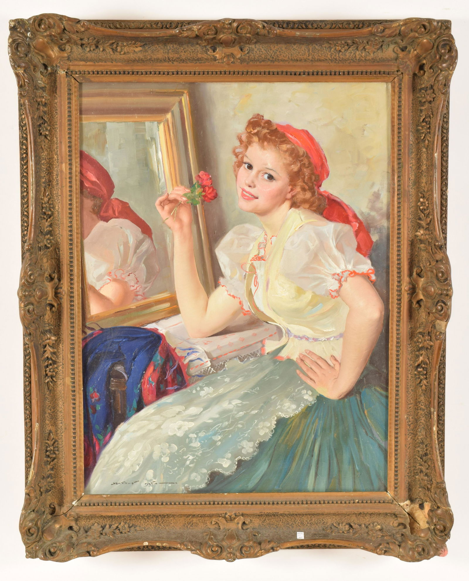 Maria Szantho Portrait Painting: Maria Szantho. Hungary. Pretty young woman at her dressing mirror holding flowers. Oil on canvas. Framed. Signed lower left. Good condition. Frame- as is. Sight size: 31-¾” x 23-¾̶