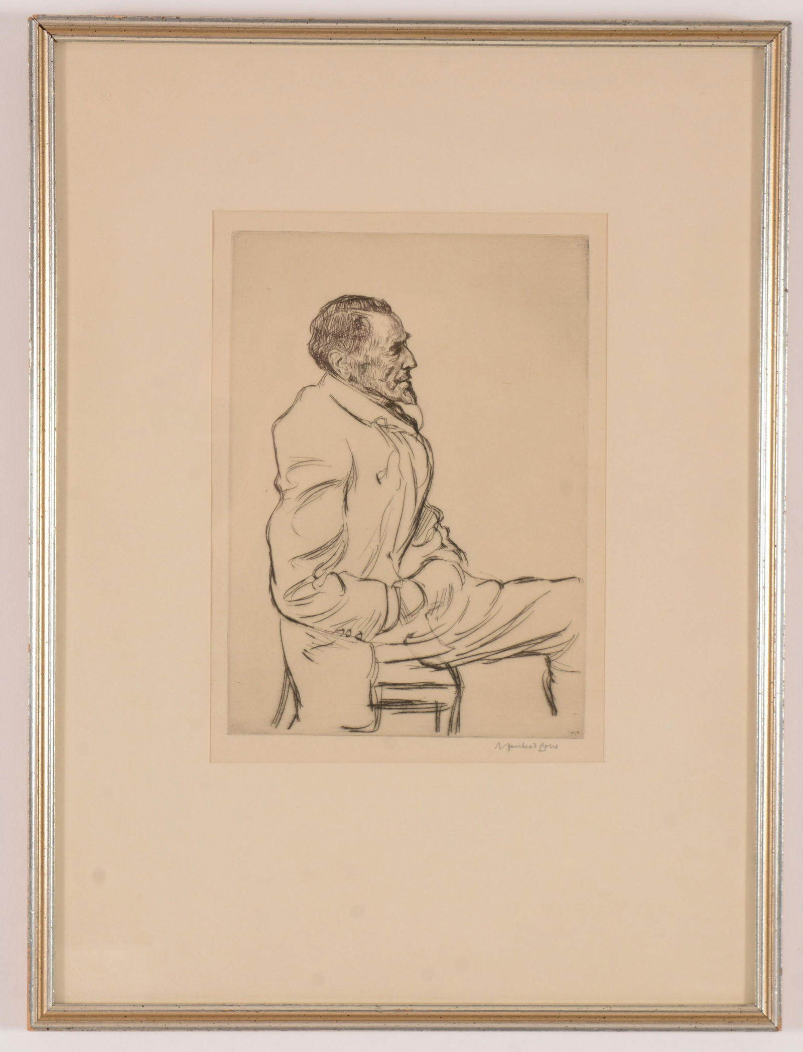 Muirhead Bone Etching: Muirhead Bone. British. Etching. Portrait of Joseph Conrad listening to music. Signed lower right. Framed. Sight size: 10-¾” x 7-¾”. Overall size: 19-½” x 15”.