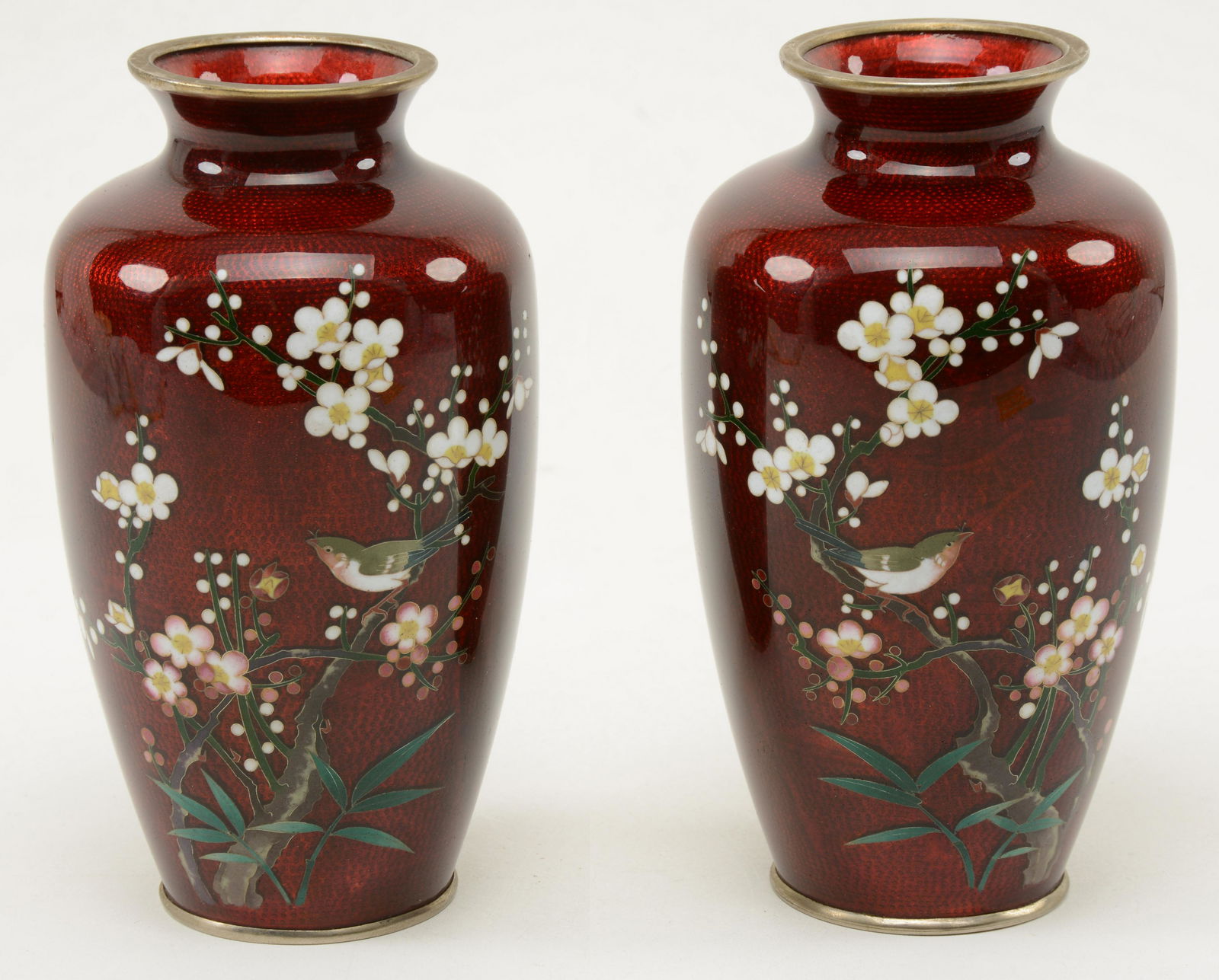 Pair of Japanese red cloisonne vases with cherry (1 of 6)