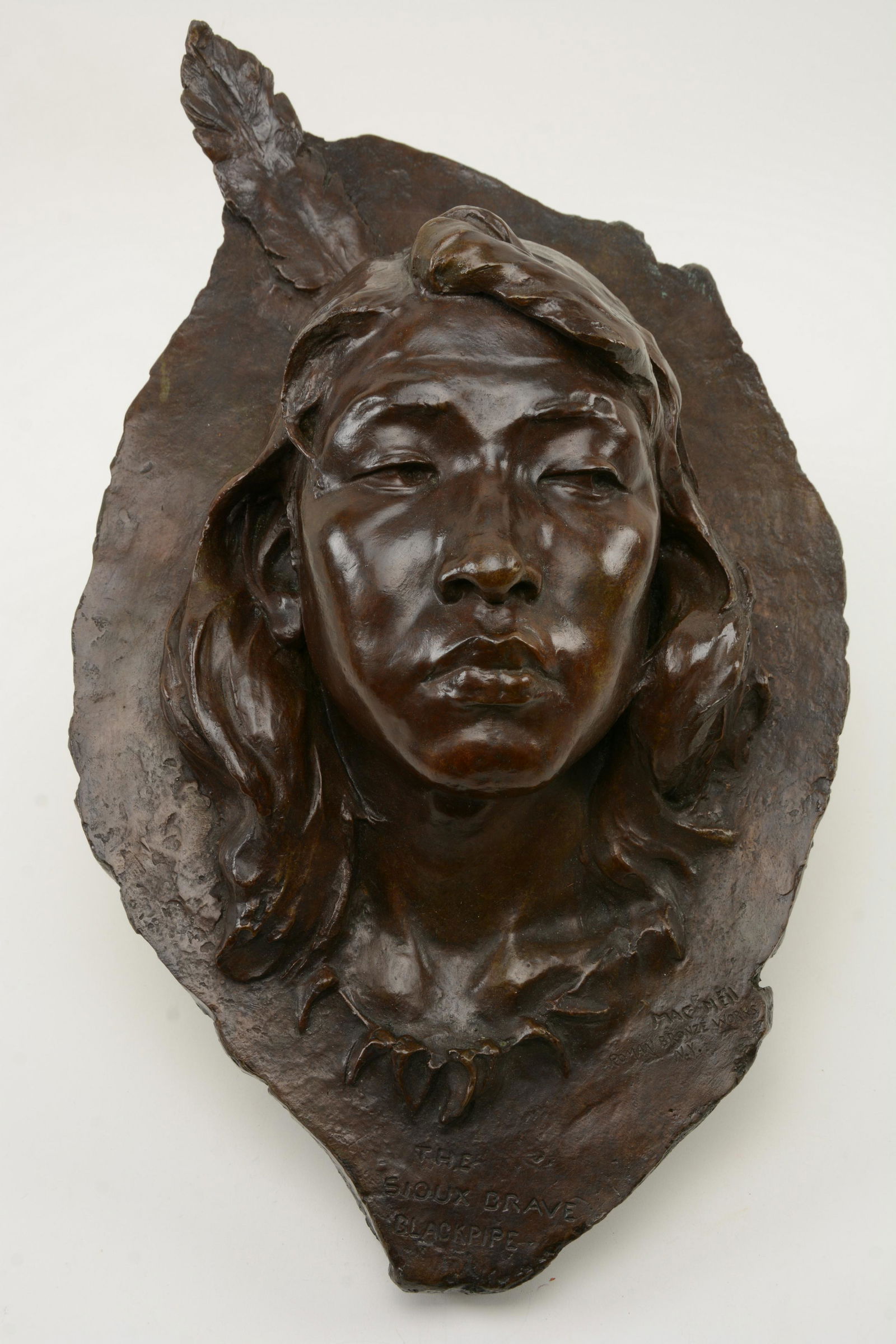 Bronze sculpture, hanging bust plaque, marked The Sioux (1 of 8)