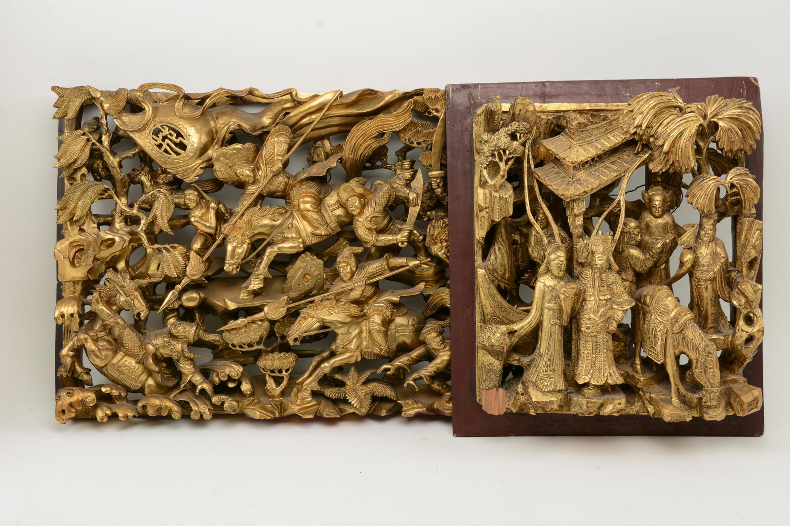 Chinese Gilt Relief Carvings. Two wooden panels with (1 of 8)