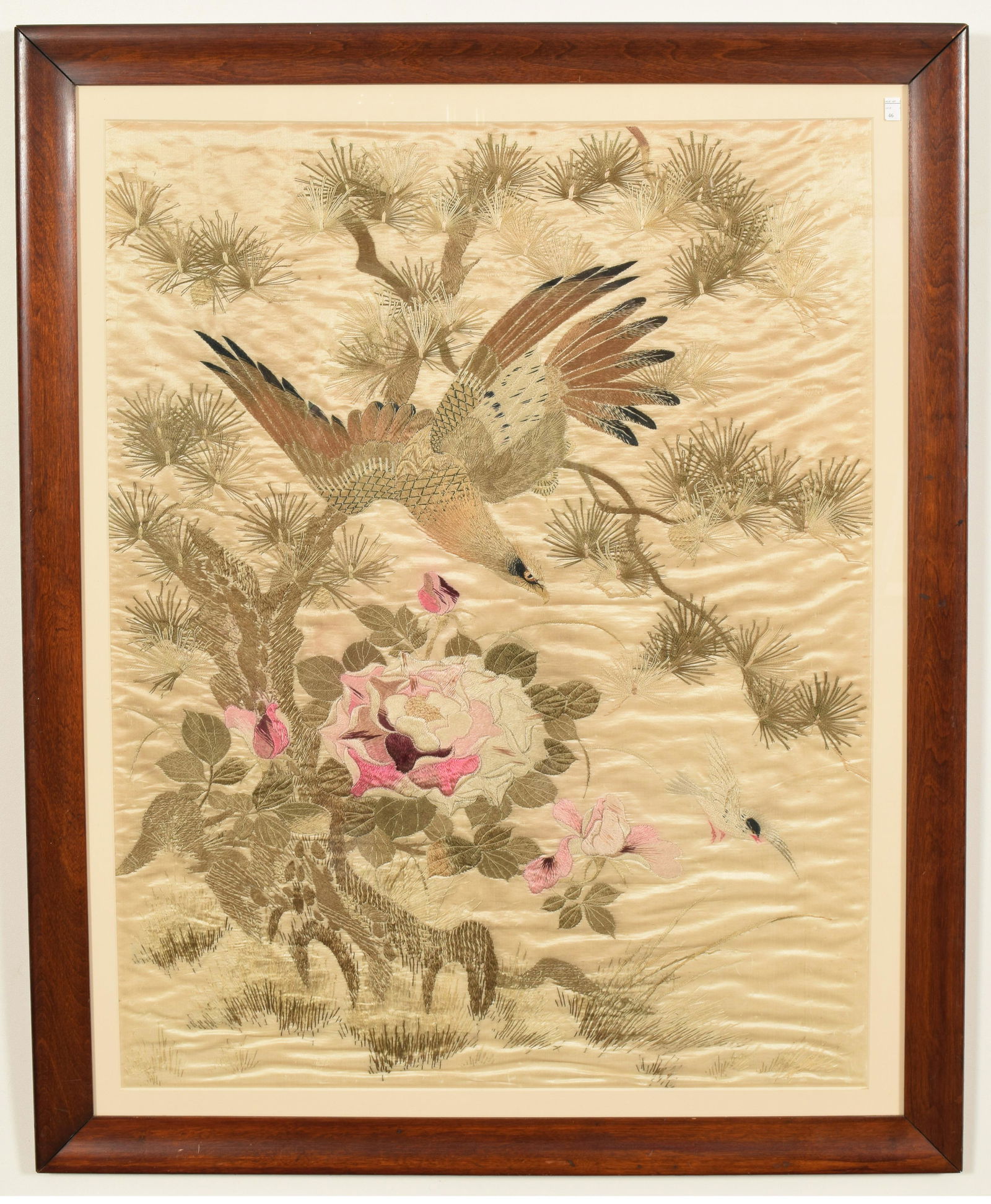 Japanese needlework, landscape with hawk chasing prey. (1 of 4)