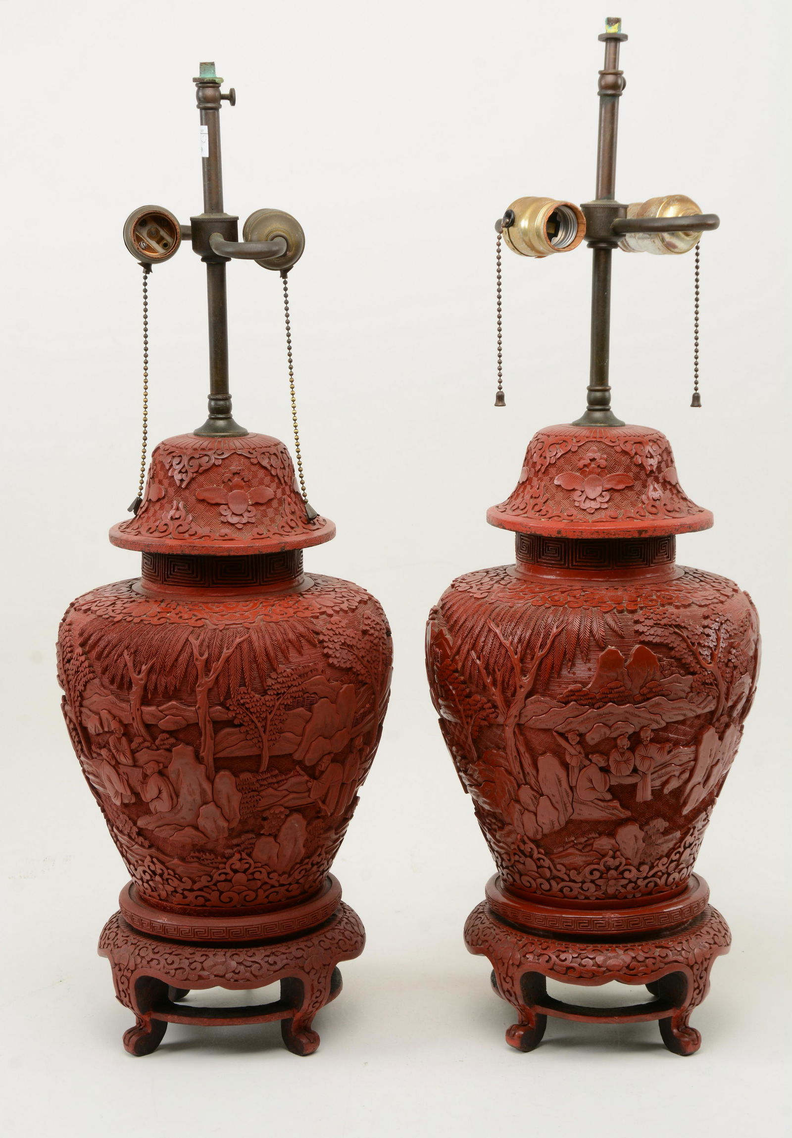 Pair of Chinese Cinnabar Covered Vases as Lamps. Carved (1 of 8)