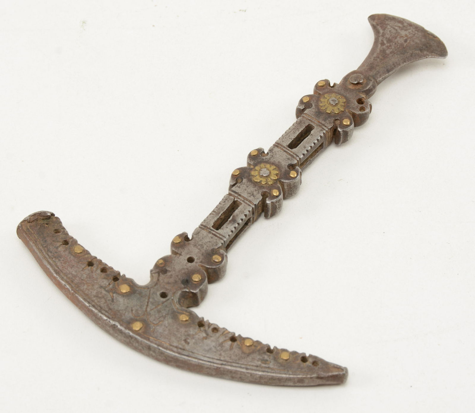 Early Iron and brass decorated hand weapon with cut and (1 of 6)