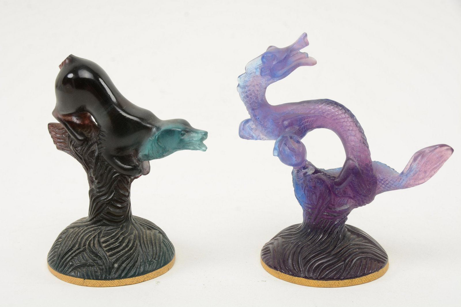 [2] Daum France colored glass figures of a hound and: [2] Daum France colored glass figures of a hound and dragon. As is. Height 5.25” and 6”.