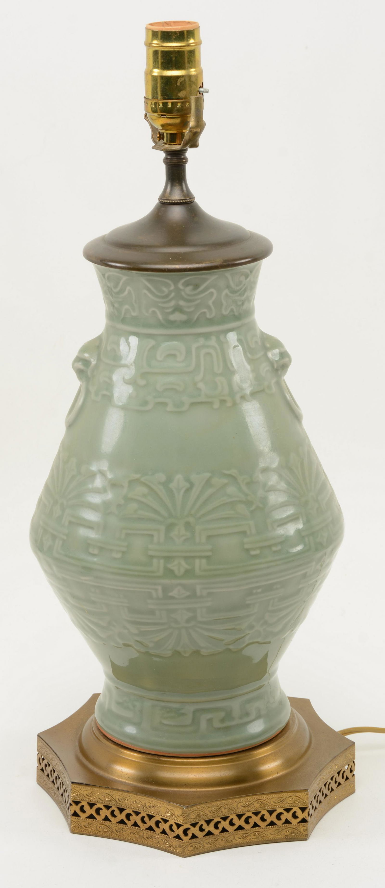 Chinese Celadon Vase Mounted as Lamp. Vintage brass (1 of 8)