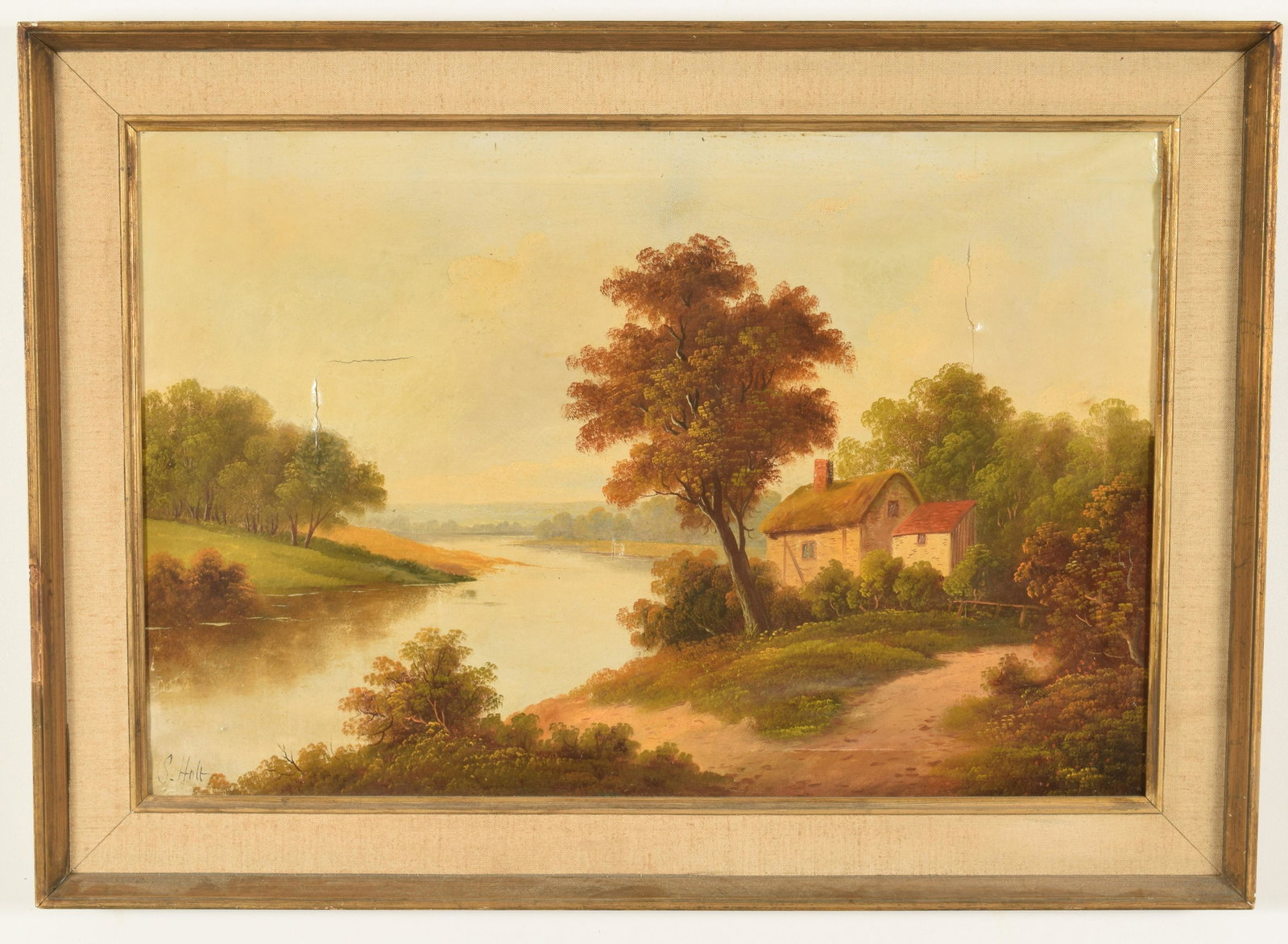 S. Holt Cottage Landscape Painting. English. Oil on: S. Holt Cottage Landscape Painting. English. Oil on canvas. Buckling and tears to canvas. Foxing to verso. Sight: 19.5” x 29.25”. Overall: 25.5” x 35.5”.